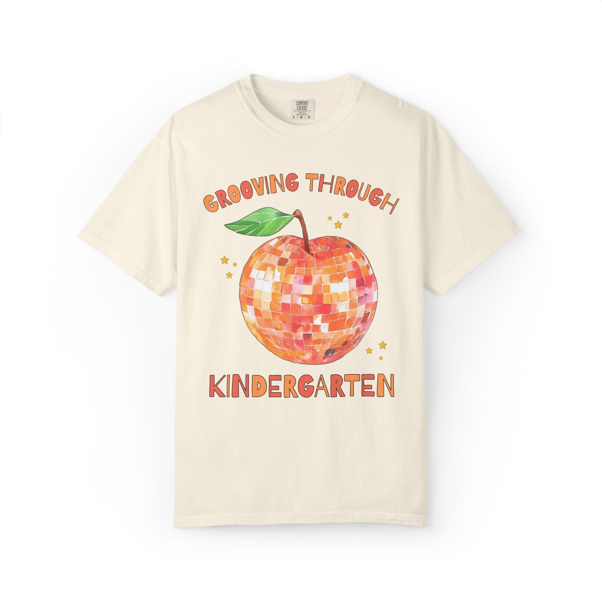 Grooving Through Kindergarten Teacher Tee Shirt with Disco Apple and Stars: Matching Teacher Team T-Shirt for Back to School or Testing Day - Opal and June