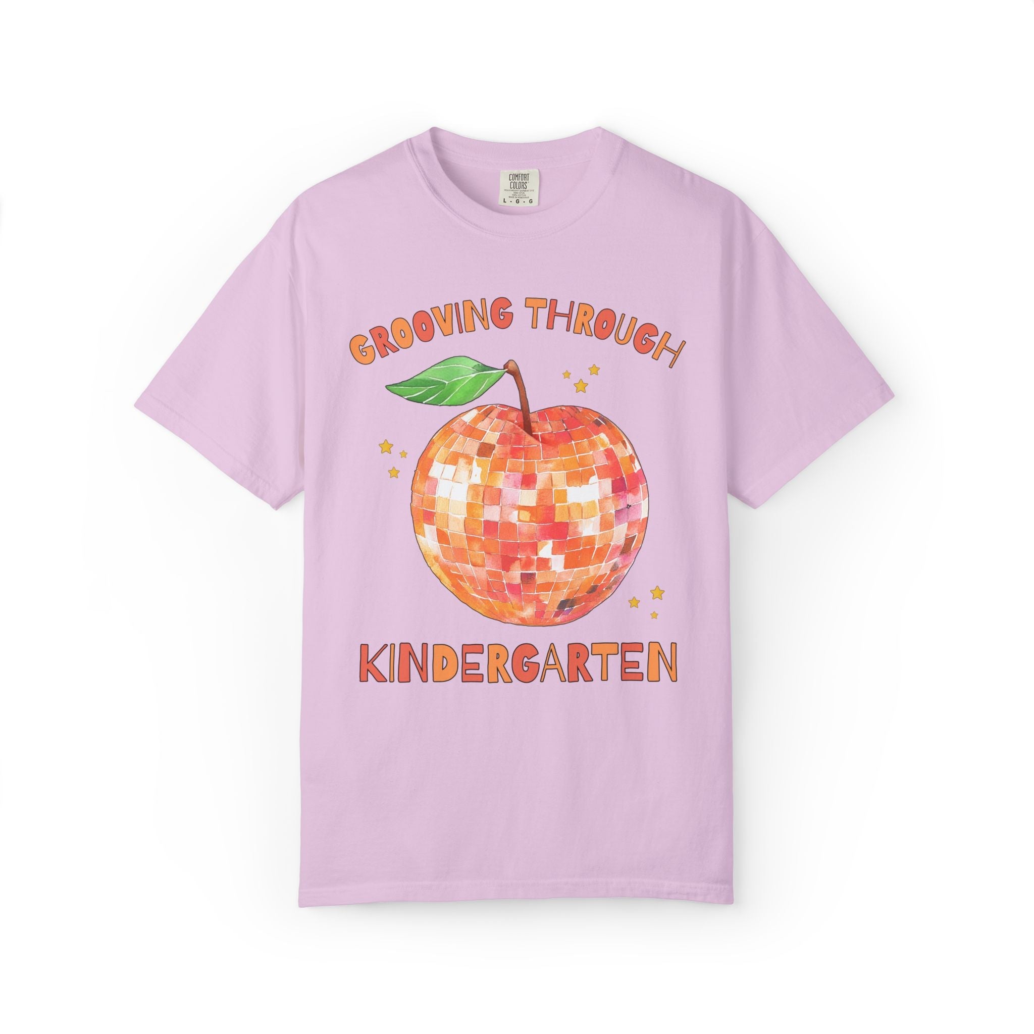 Grooving Through Kindergarten Teacher Tee Shirt with Disco Apple and Stars: Matching Teacher Team T-Shirt for Back to School or Testing Day - Opal and June