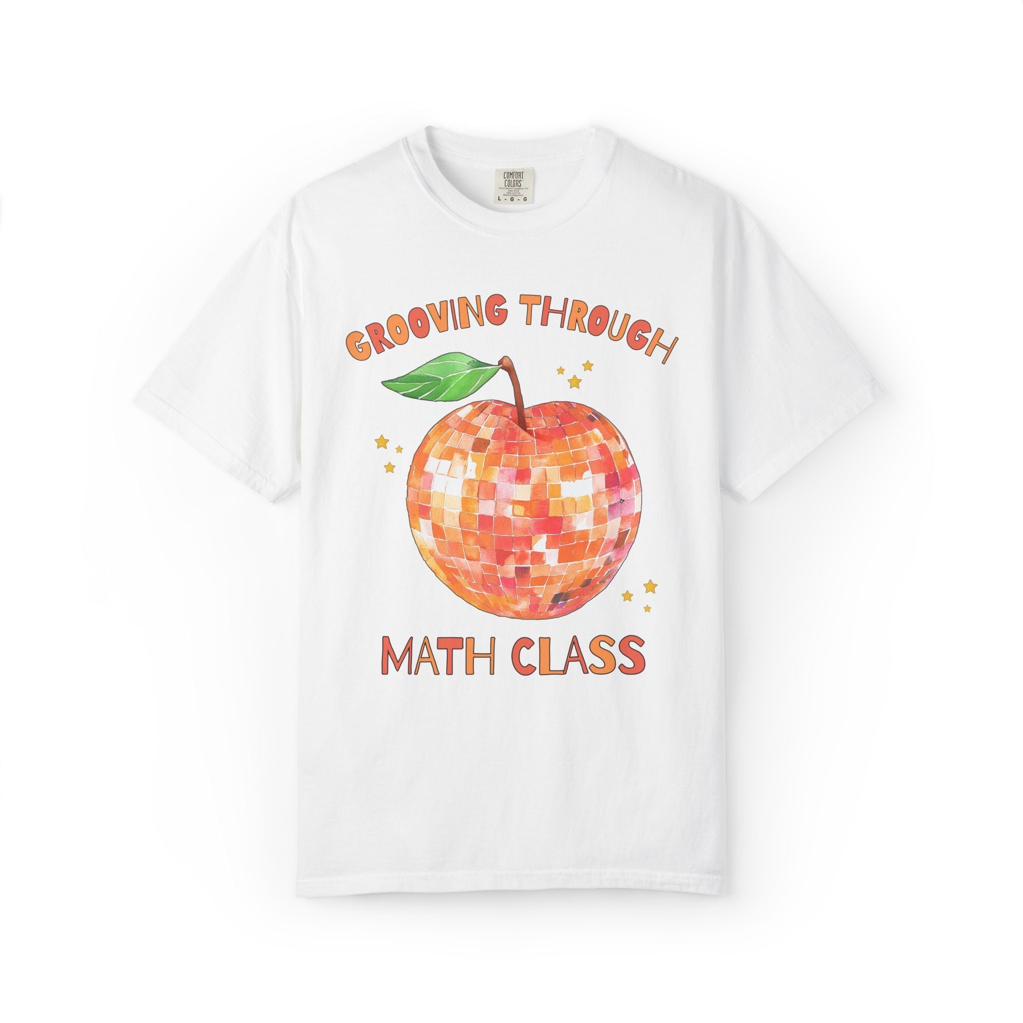 Grooving Through Math Class Teacher Tee Shirt with Disco Apple and Stars: Matching Teacher Team T-Shirt for Back to School or Testing Day - Opal and June