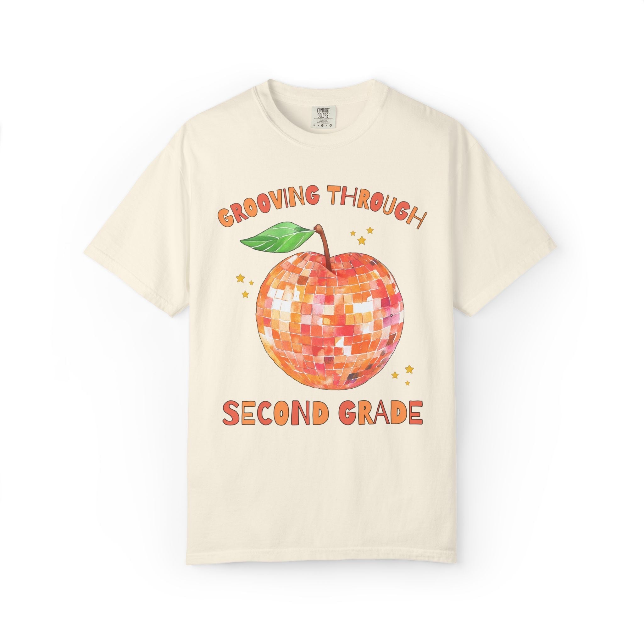 Grooving Through Second Grade Teacher Tee Shirt with Disco Apple and Stars: Matching Teacher Team T-Shirt for Back to School or Testing Day - Opal and June