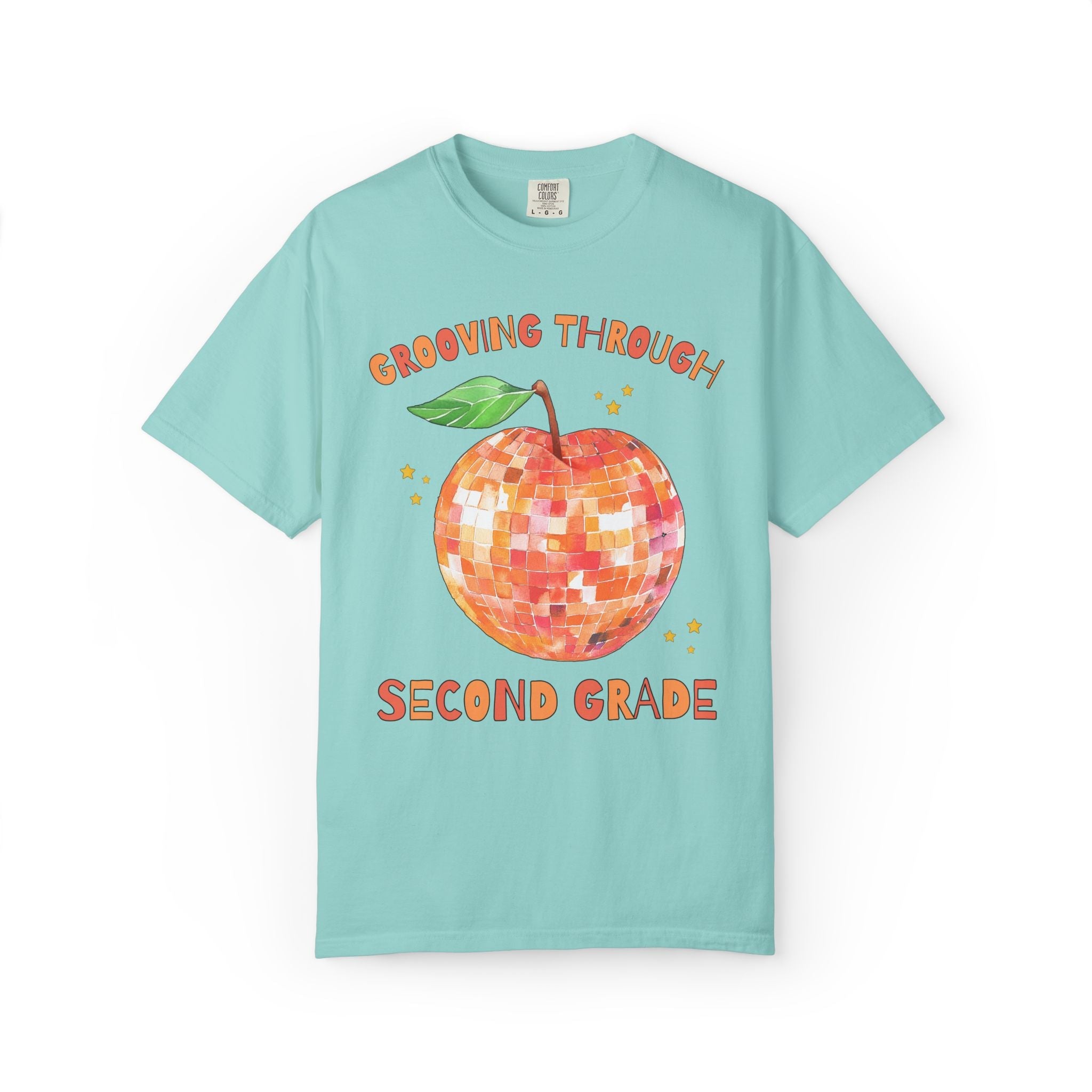 Grooving Through Second Grade Teacher Tee Shirt with Disco Apple and Stars: Matching Teacher Team T-Shirt for Back to School or Testing Day - Opal and June