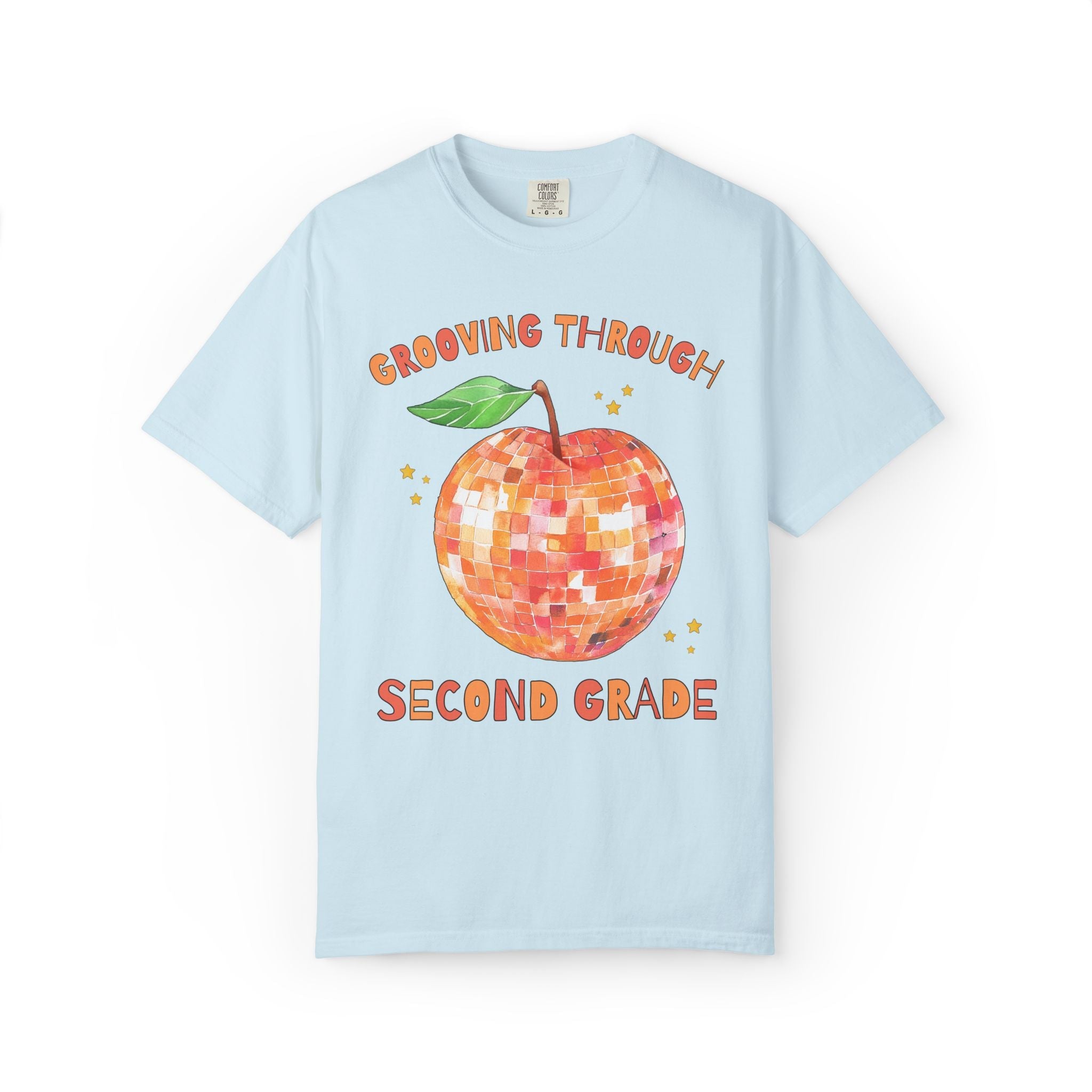 Grooving Through Second Grade Teacher Tee Shirt with Disco Apple and Stars: Matching Teacher Team T-Shirt for Back to School or Testing Day - Opal and June