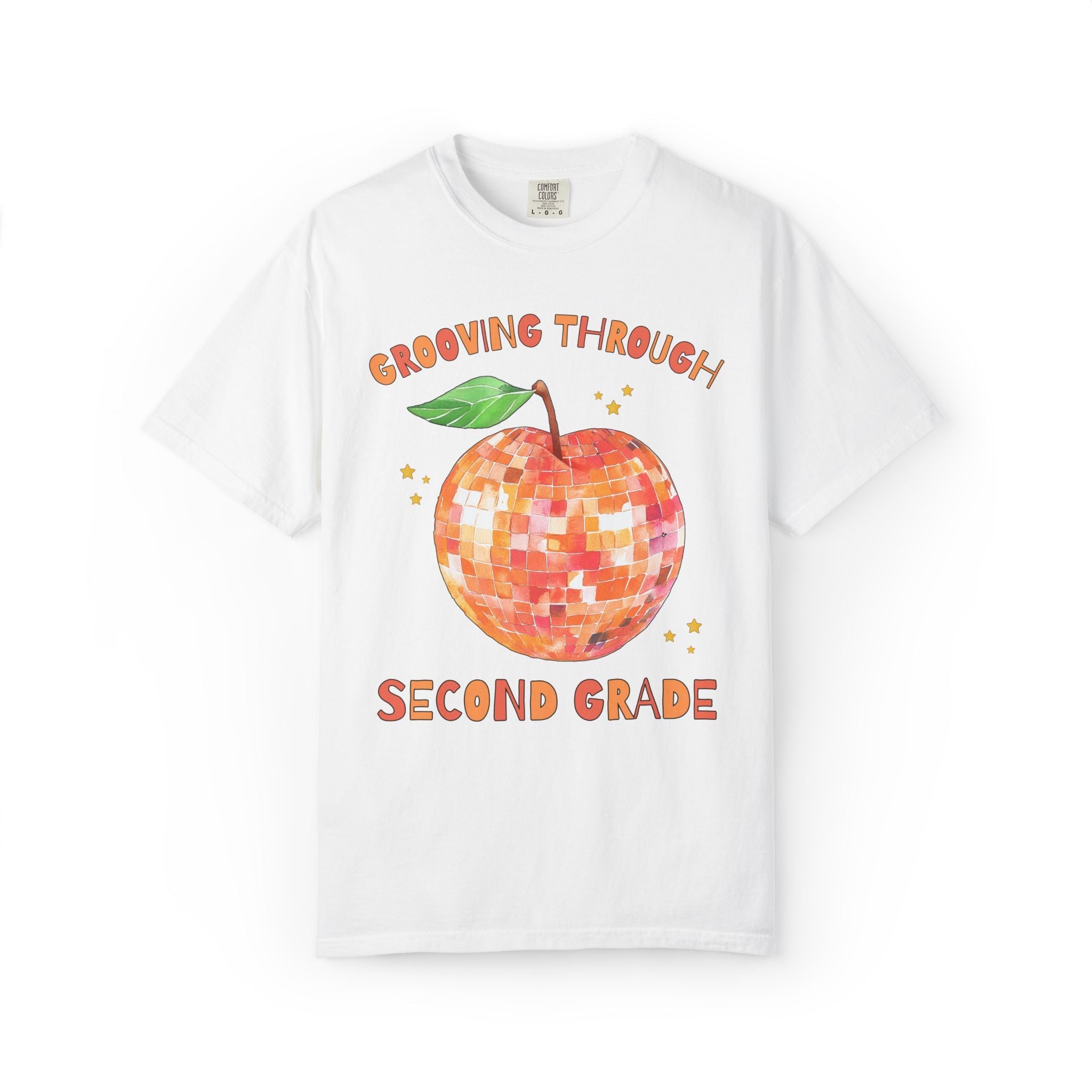 Grooving Through Second Grade Teacher Tee Shirt with Disco Apple and Stars: Matching Teacher Team T-Shirt for Back to School or Testing Day - Opal and June