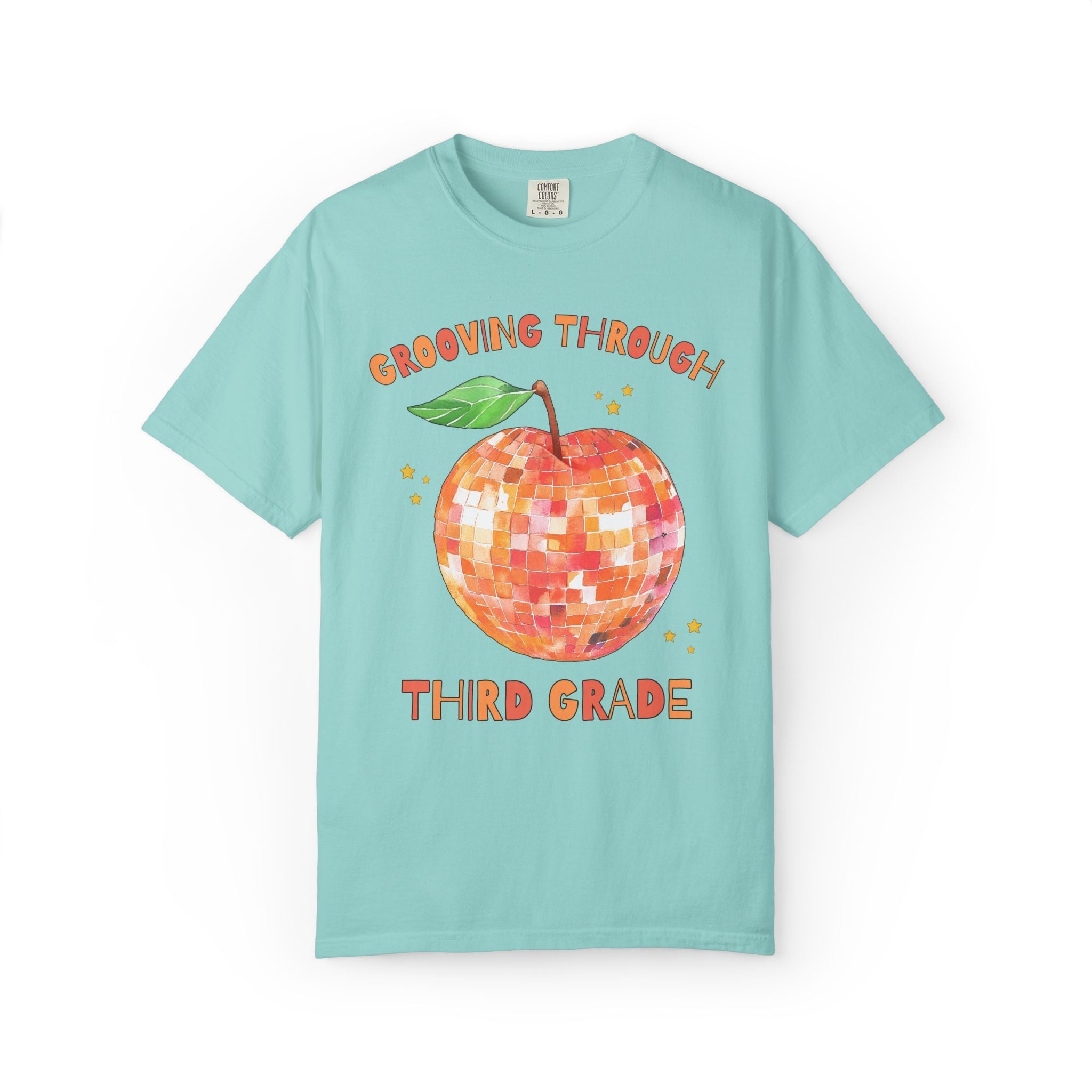 Grooving Through Third Grade Teacher Tee Shirt with Disco Apple and Stars: Matching Teacher Team T-Shirt for Back to School or Testing Day - Opal and June