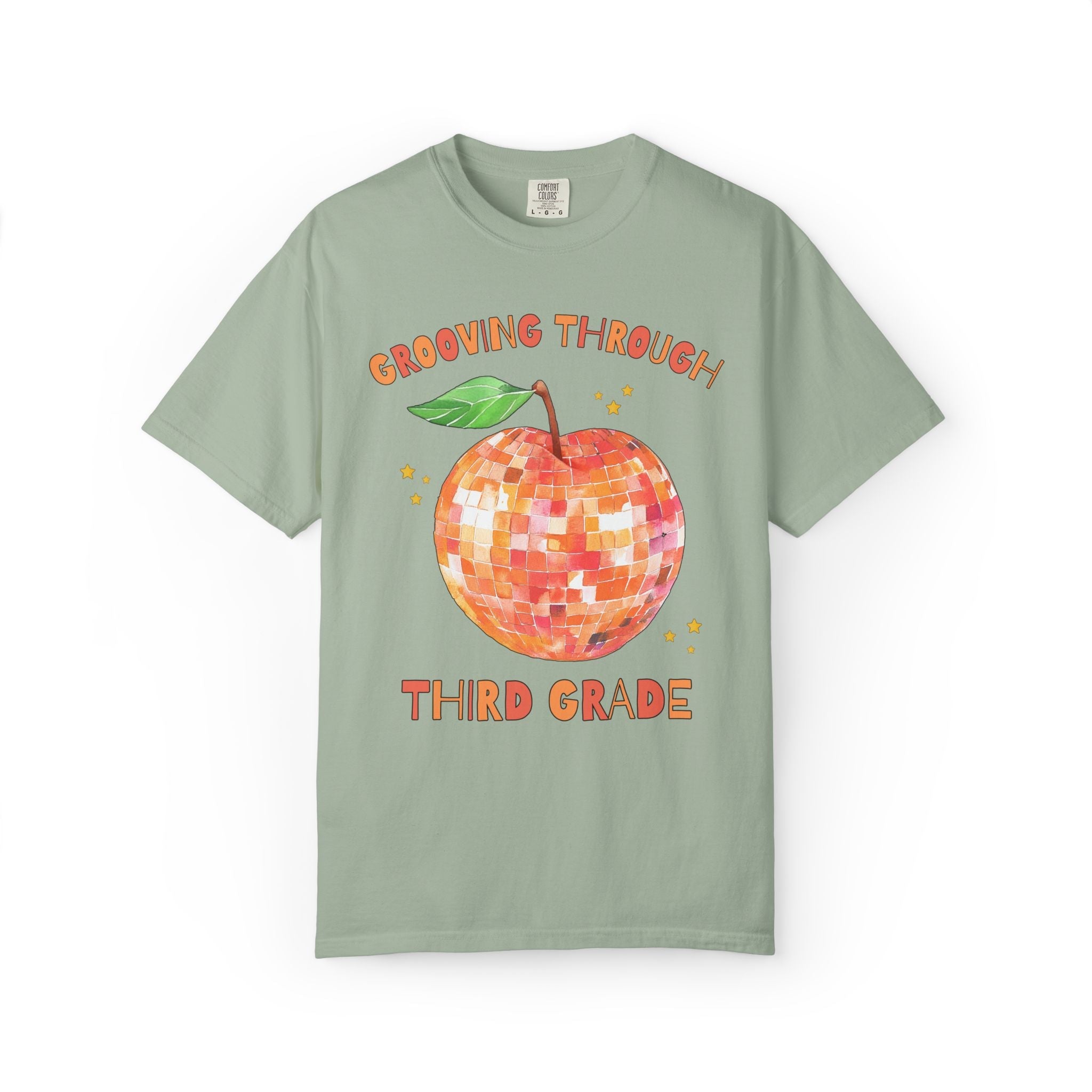 Grooving Through Third Grade Teacher Tee Shirt with Disco Apple and Stars: Matching Teacher Team T-Shirt for Back to School or Testing Day - Opal and June