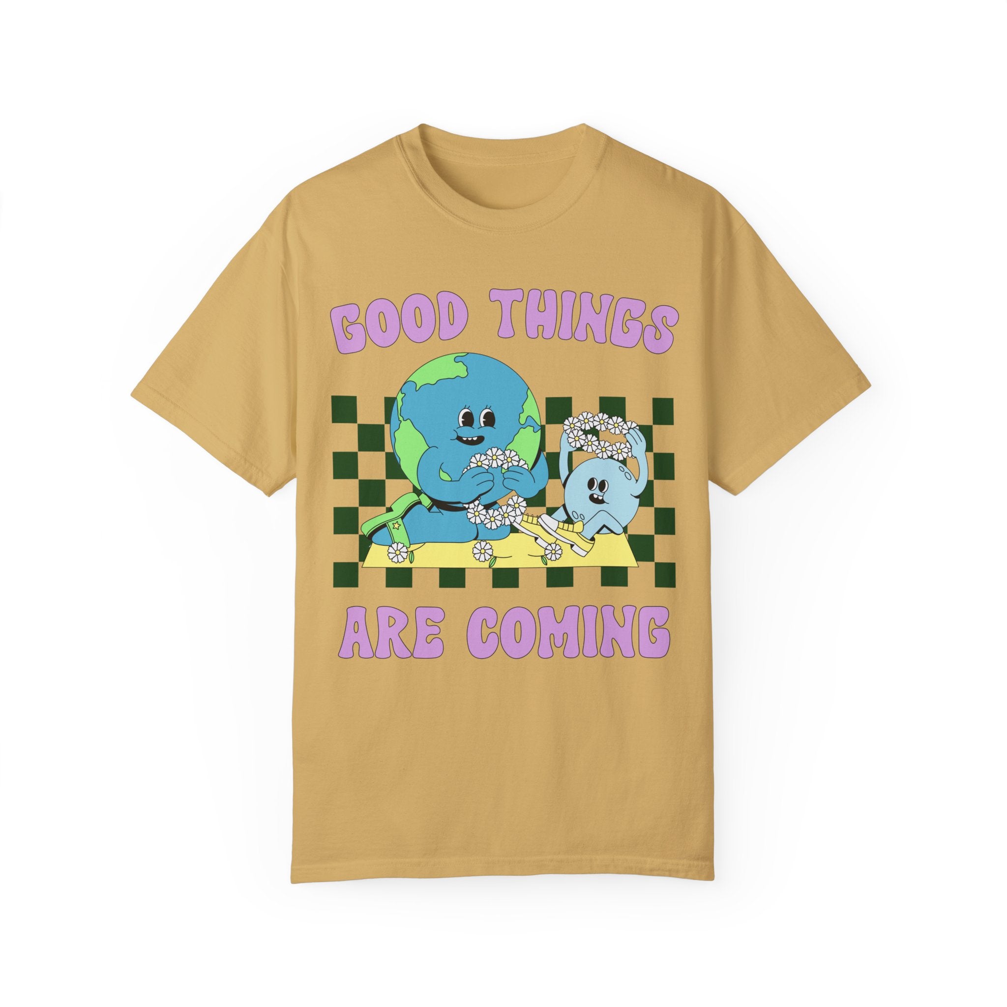 Groovy Retro Tee Shirt with Encouraging Message: Good Things Are Coming | Cute Vintage Aesthetic T-Shirt for Fun Elementary Teacher or Mom - Opal and June