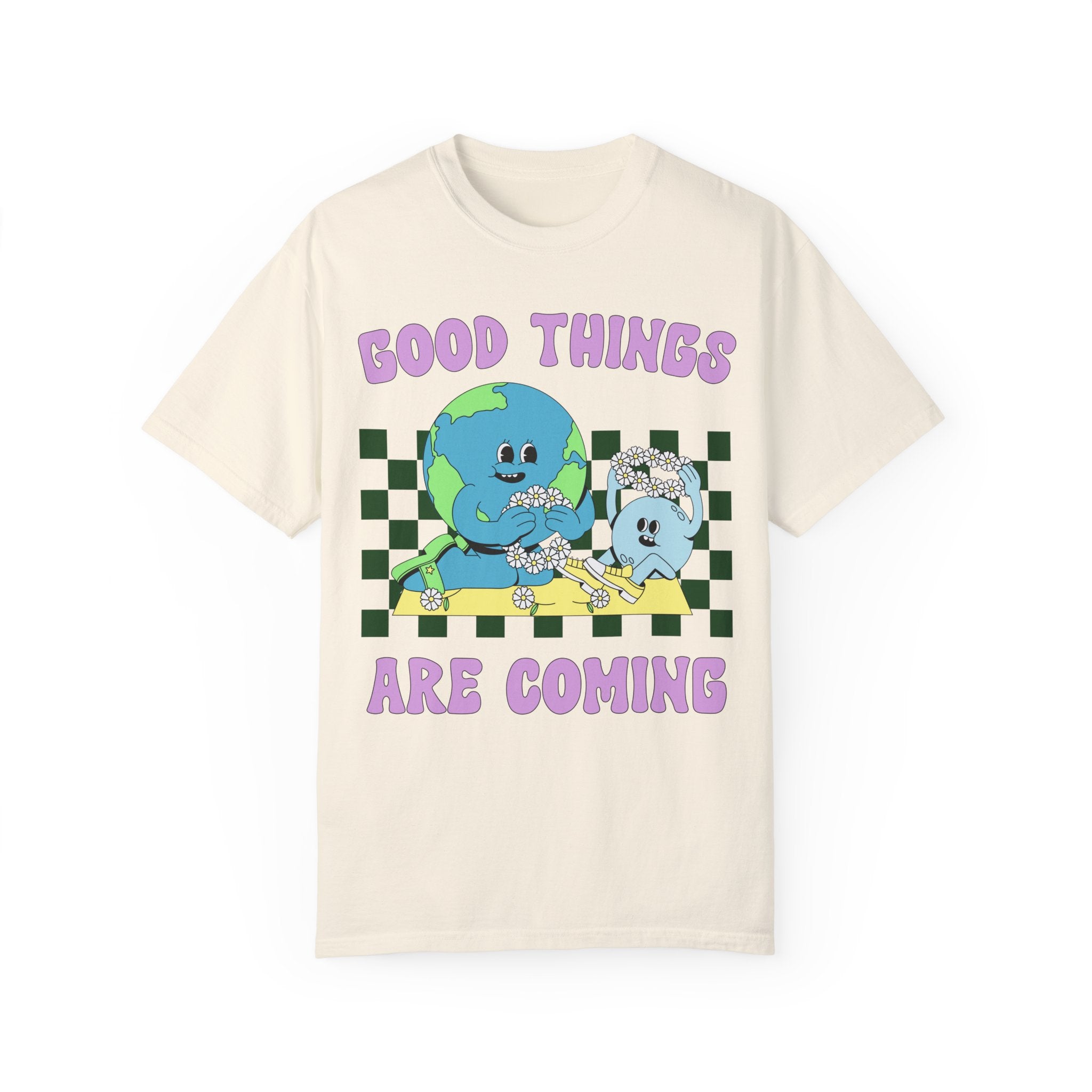 Groovy Retro Tee Shirt with Encouraging Message: Good Things Are Coming | Cute Vintage Aesthetic T-Shirt for Fun Elementary Teacher or Mom - Opal and June