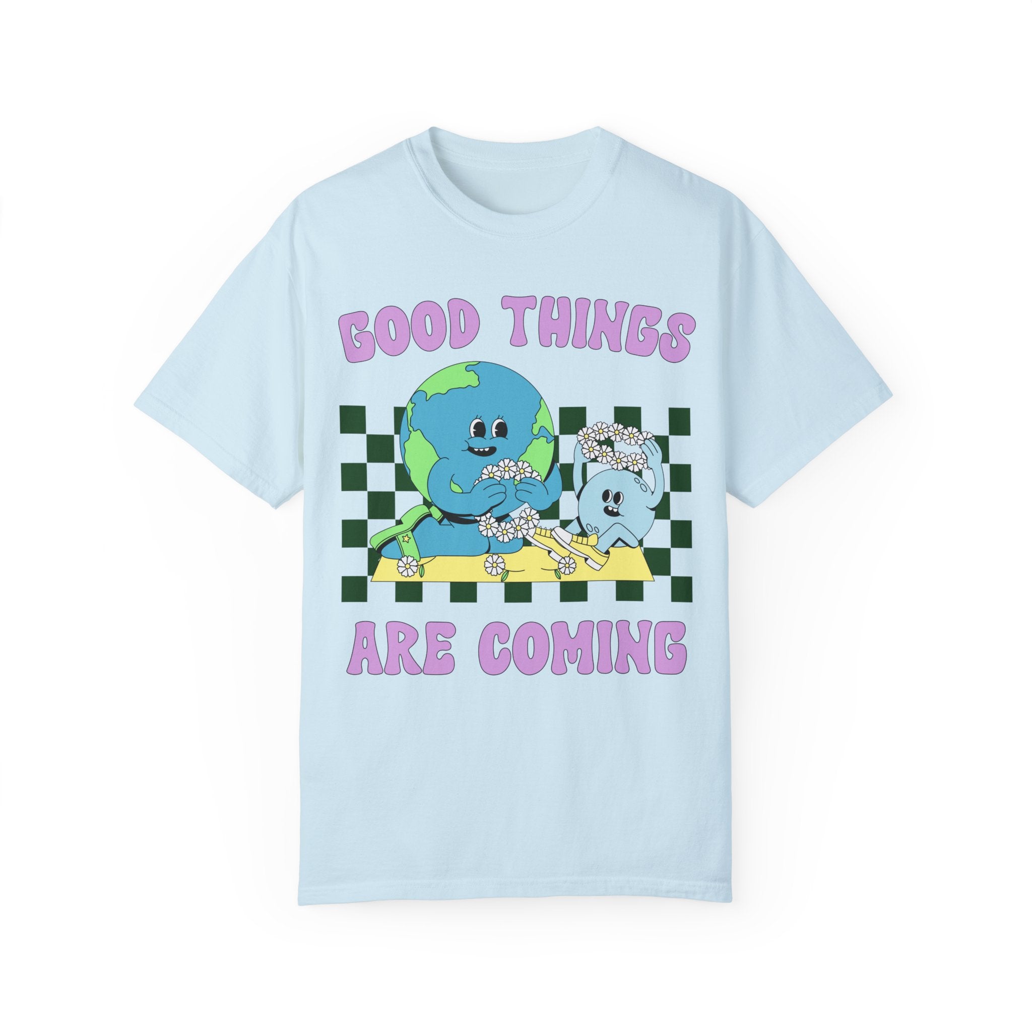 Groovy Retro Tee Shirt with Encouraging Message: Good Things Are Coming | Cute Vintage Aesthetic T-Shirt for Fun Elementary Teacher or Mom - Opal and June