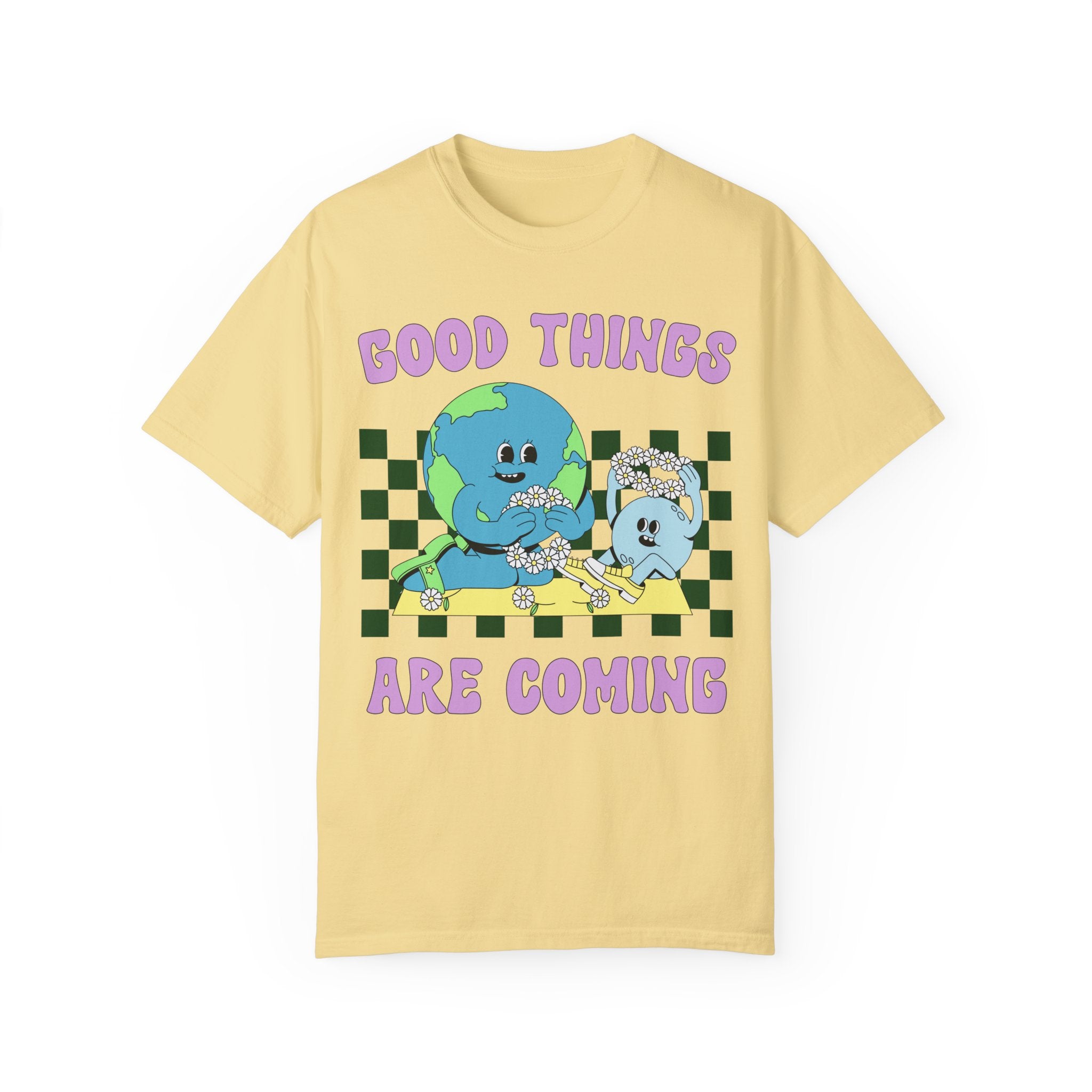 Groovy Retro Tee Shirt with Encouraging Message: Good Things Are Coming | Cute Vintage Aesthetic T-Shirt for Fun Elementary Teacher or Mom - Opal and June