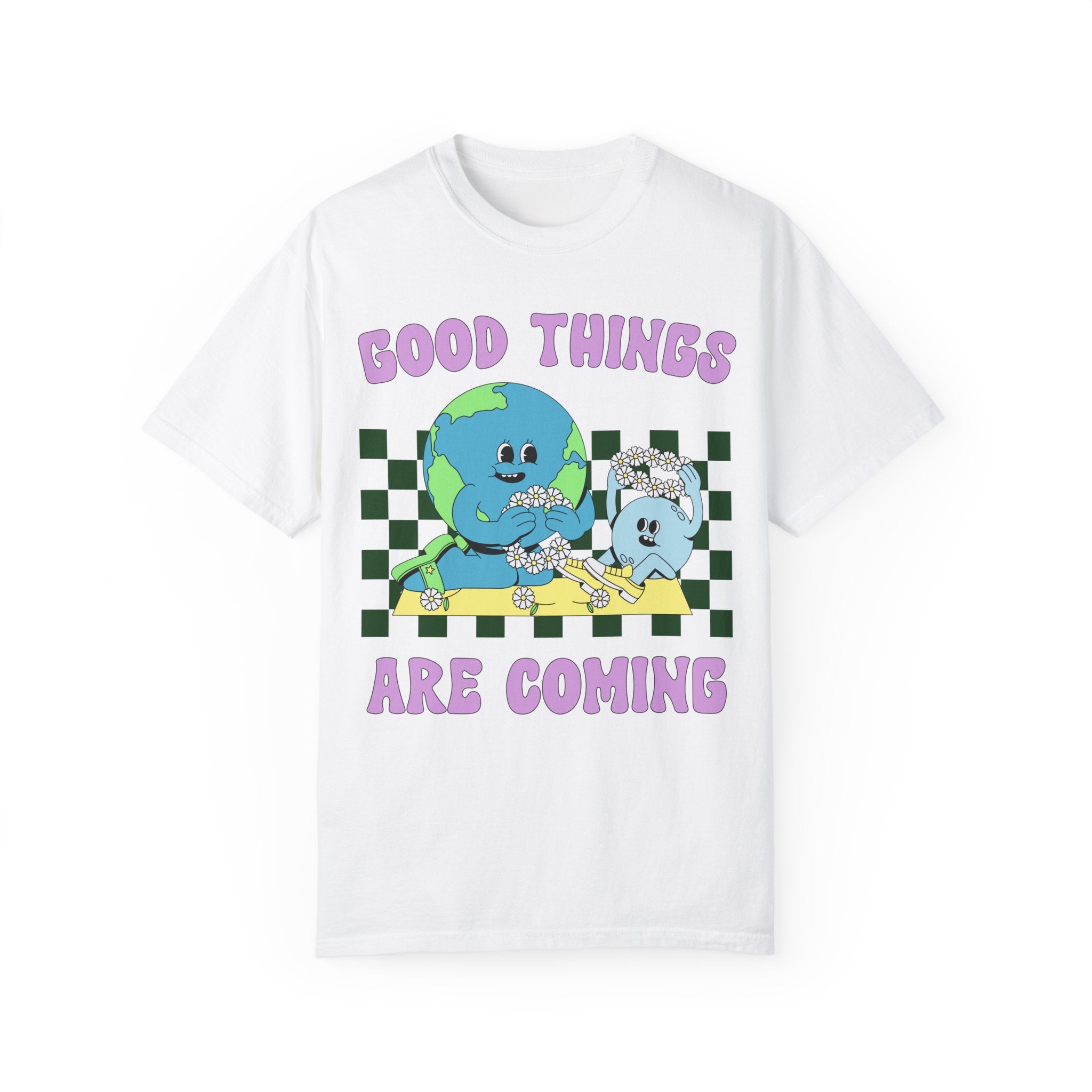 Groovy Retro Tee Shirt with Encouraging Message: Good Things Are Coming | Cute Vintage Aesthetic T-Shirt for Fun Elementary Teacher or Mom - Opal and June