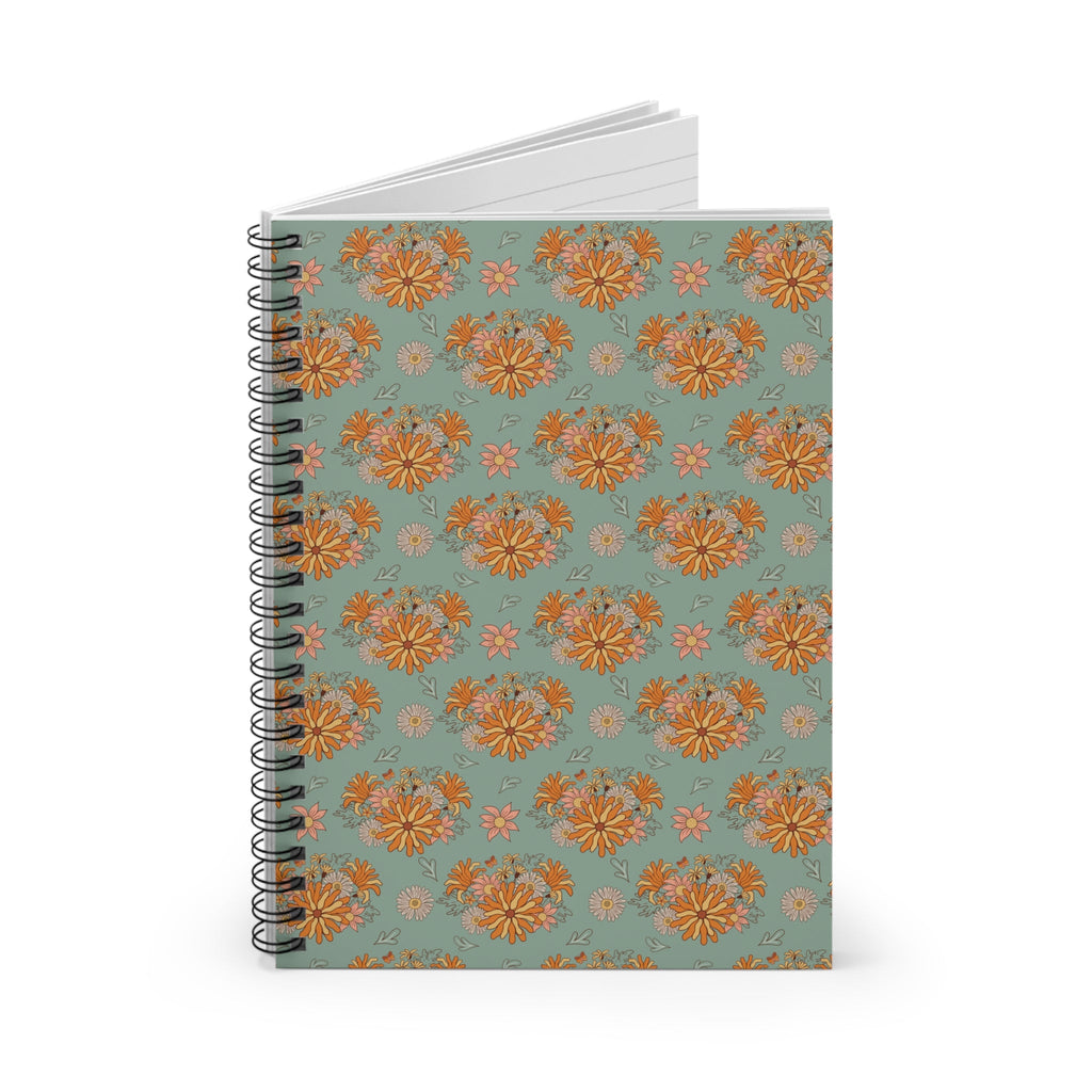 Groovy Vintage Aesthetic Notebook with Orange Flowers and Teal Background - Opal and June