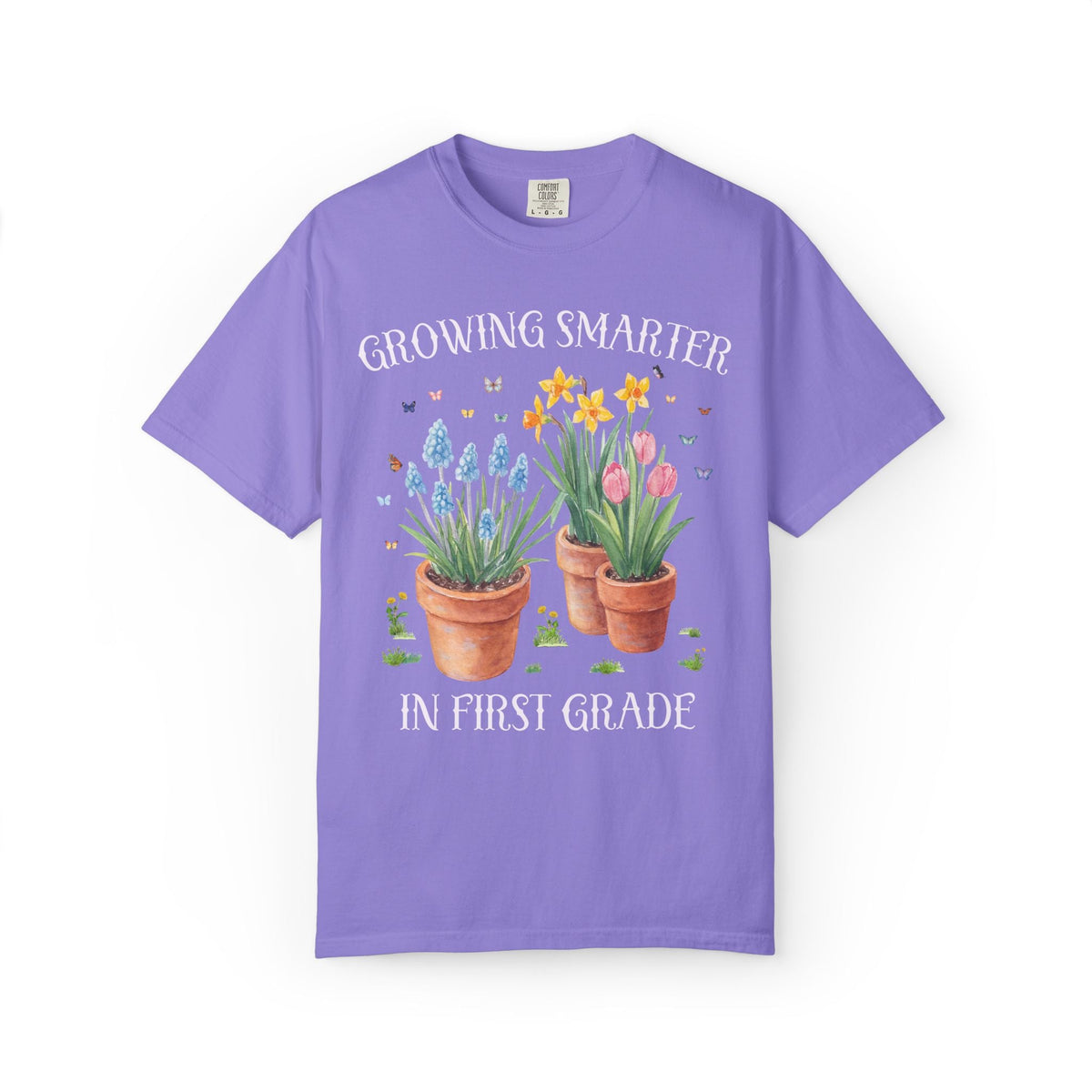 Growing Smarter in First Grade: Wildflower First Grade Teacher Tee Shirt with Flowers: Matching Spring Teacher Tee Shirts for Back to School or Testing Day - Opal and June