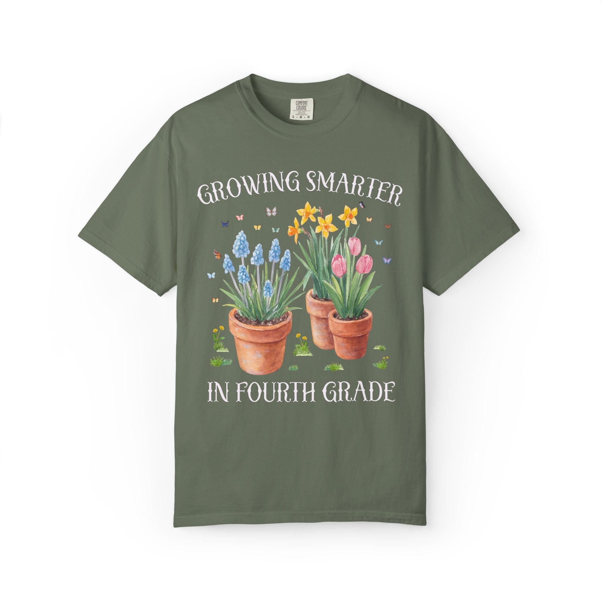Growing Smarter in Fourth Grade: Wildflower Fourth Grade Teacher Tee Shirt with Flowers: Matching Spring Teacher Tee Shirts for Back to School or Testing Day - Opal and June