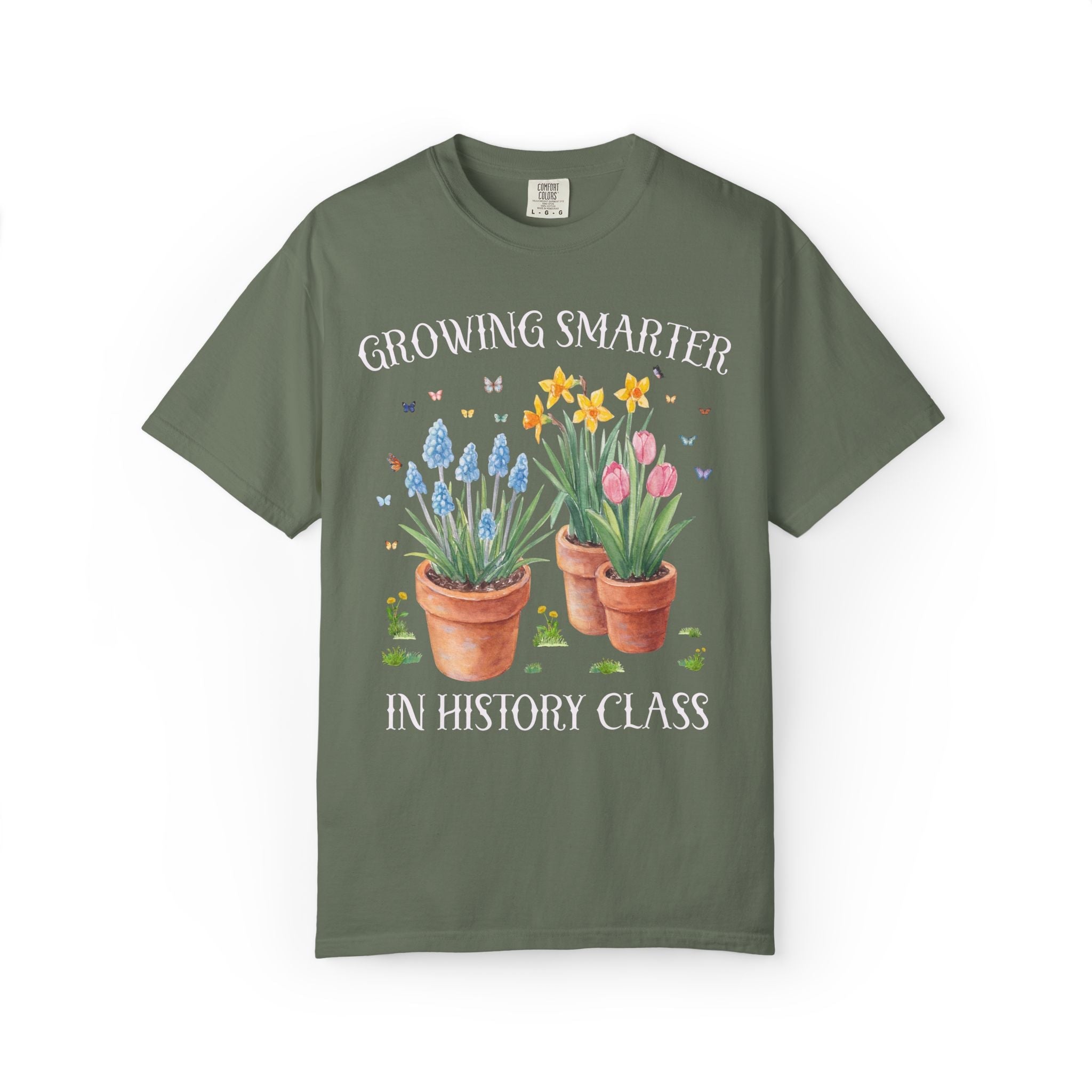 Growing Smarter in History Class: Wildflower History Teacher Tee Shirt with Flowers: Matching Spring Teacher Tee Shirts for Back to School or Testing Day - Opal and June