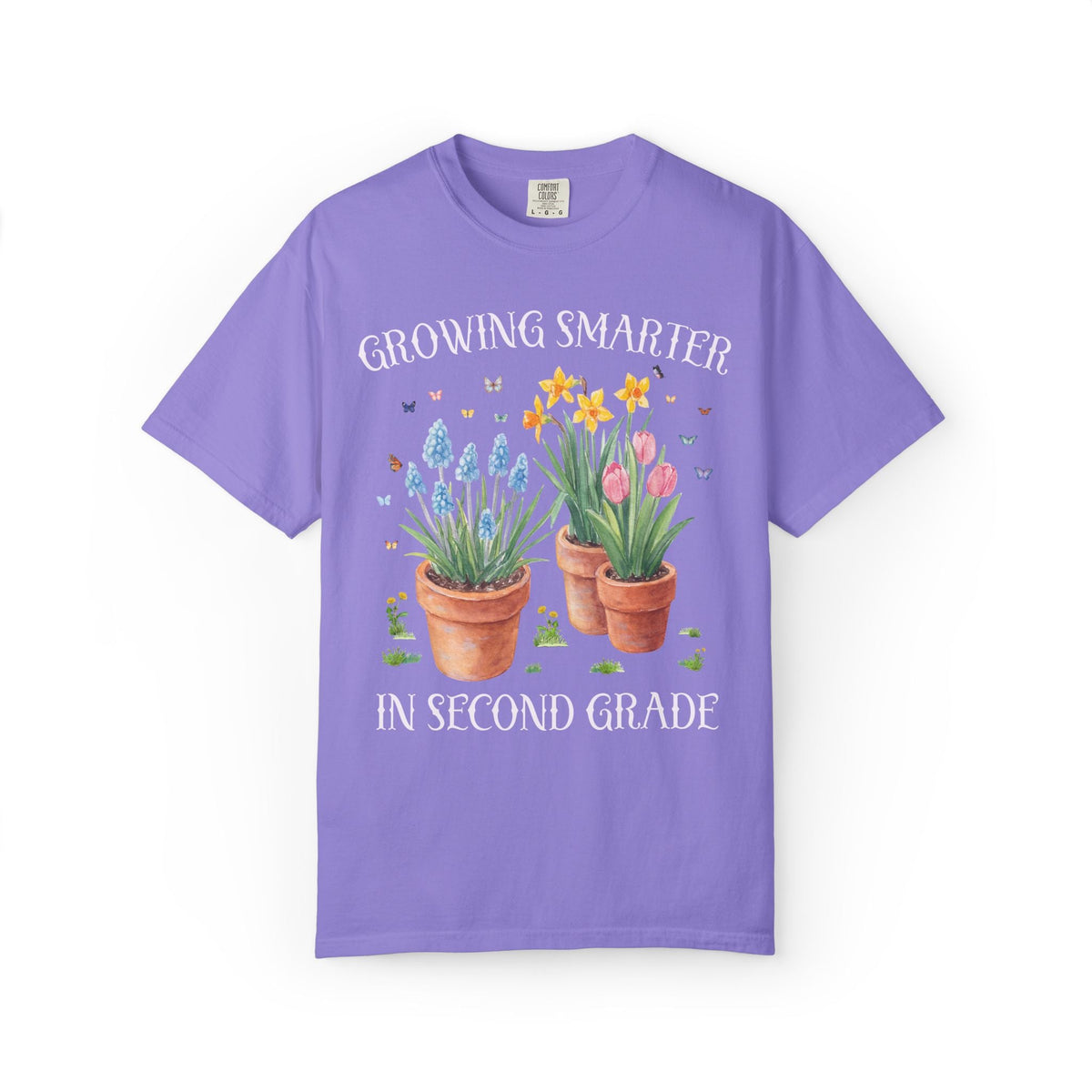 Growing Smarter in Second Grade: Wildflower Second Grade Teacher Tee Shirt with Flowers: Matching Spring Teacher Tee Shirts for Back to School or Testing Day - Opal and June