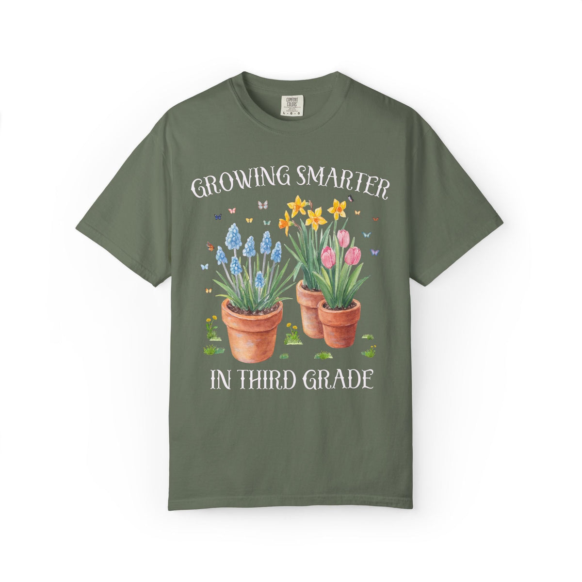 Growing Smarter in Third Grade: Wildflower Third Grade Teacher Tee Shirt with Flowers: Matching Spring Teacher Tee Shirts for Back to School or Testing Day - Opal and June