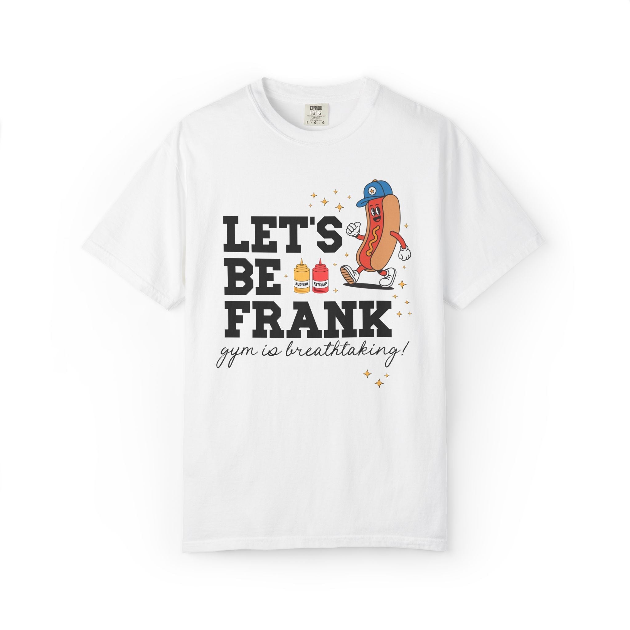 Gym Teacher T-Shirt with Hot Dogs: Let's Be Frank, Silly Matching Teacher Tee for Baseball Coach or Teacher Who Loves Baseball - Opal and June