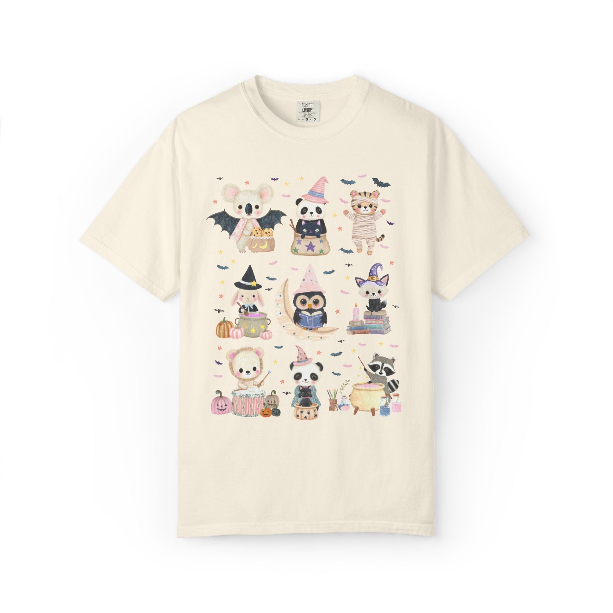 Halloween Animal Lover Tee Shirt with Cute Baby Animals, Pastel Goth Whimsy Halloween T-Shirt with Bats, Book Lover Teacher Halloween Tee - Opal and June