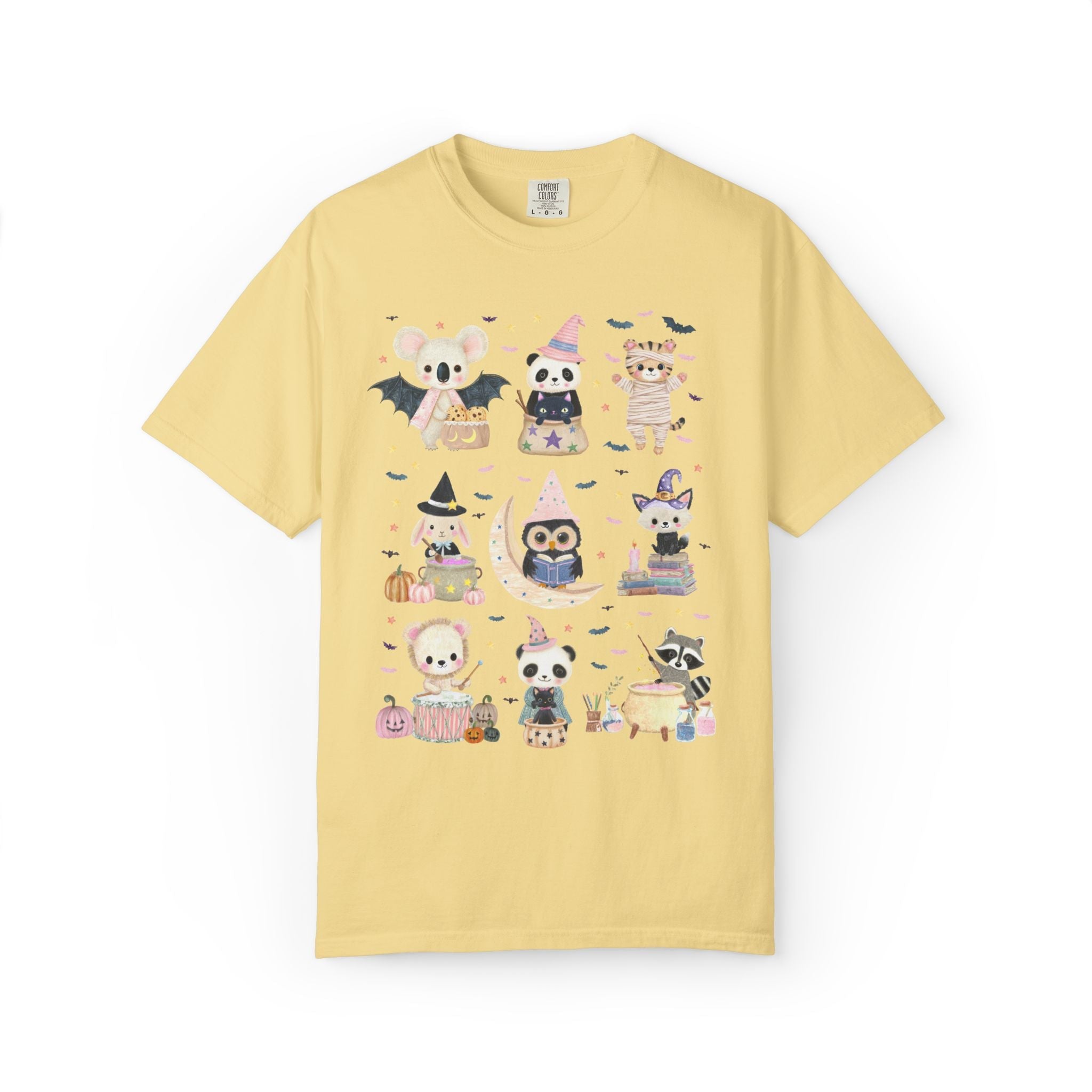 Halloween Animal Lover Tee Shirt with Cute Baby Animals, Pastel Goth Whimsy Halloween T-Shirt with Bats, Book Lover Teacher Halloween Tee - Opal and June