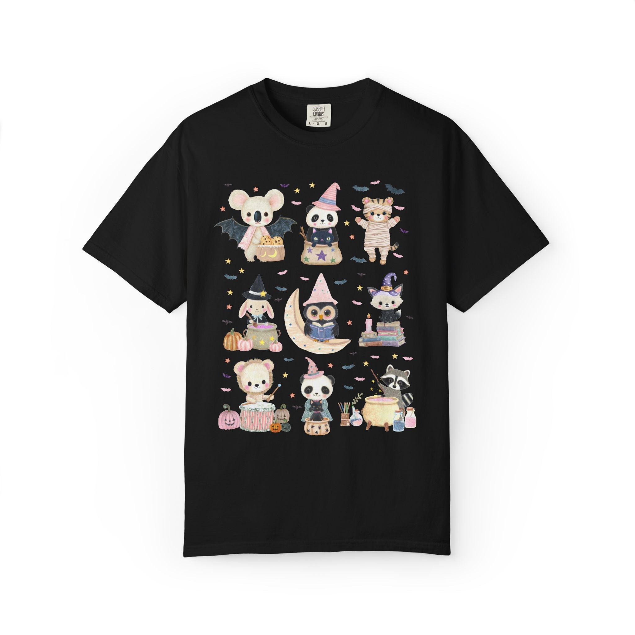 Halloween Animal Lover Tee Shirt with Cute Baby Animals, Pastel Goth Whimsy Halloween T-Shirt with Bats, Book Lover Teacher Halloween Tee - Opal and June