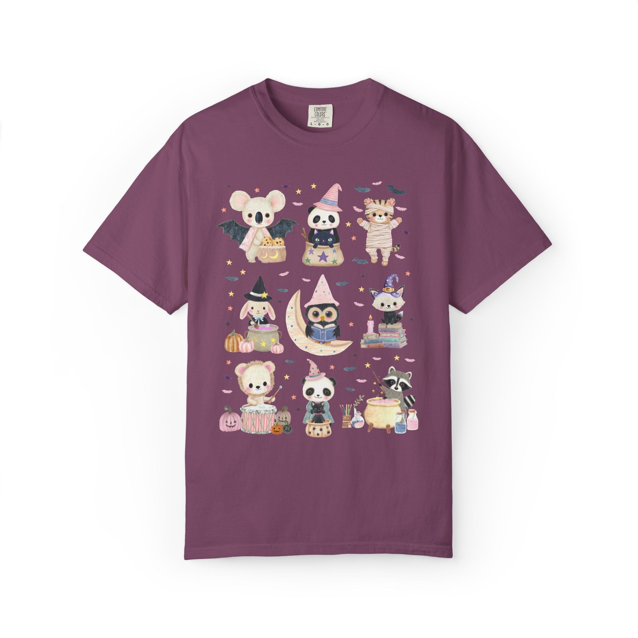 Halloween Animal Lover Tee Shirt with Cute Baby Animals, Pastel Goth Whimsy Halloween T-Shirt with Bats, Book Lover Teacher Halloween Tee - Opal and June