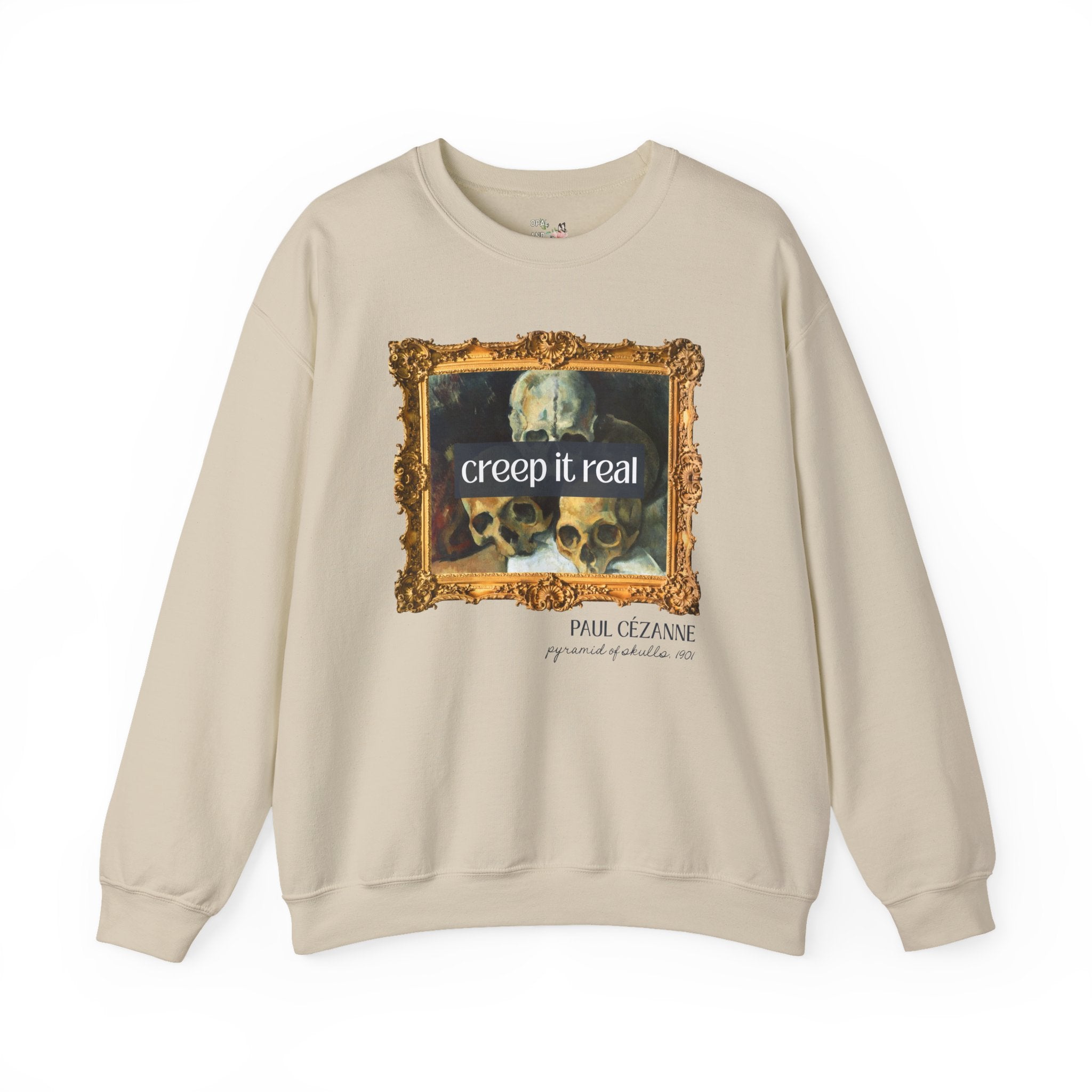 Halloween Art History Sweatshirt: Creep it Real, Pyramid of Skulls by Paul Cezanne, Famous Paintings, 19th Century Post Impressionist Artist - Opal and June