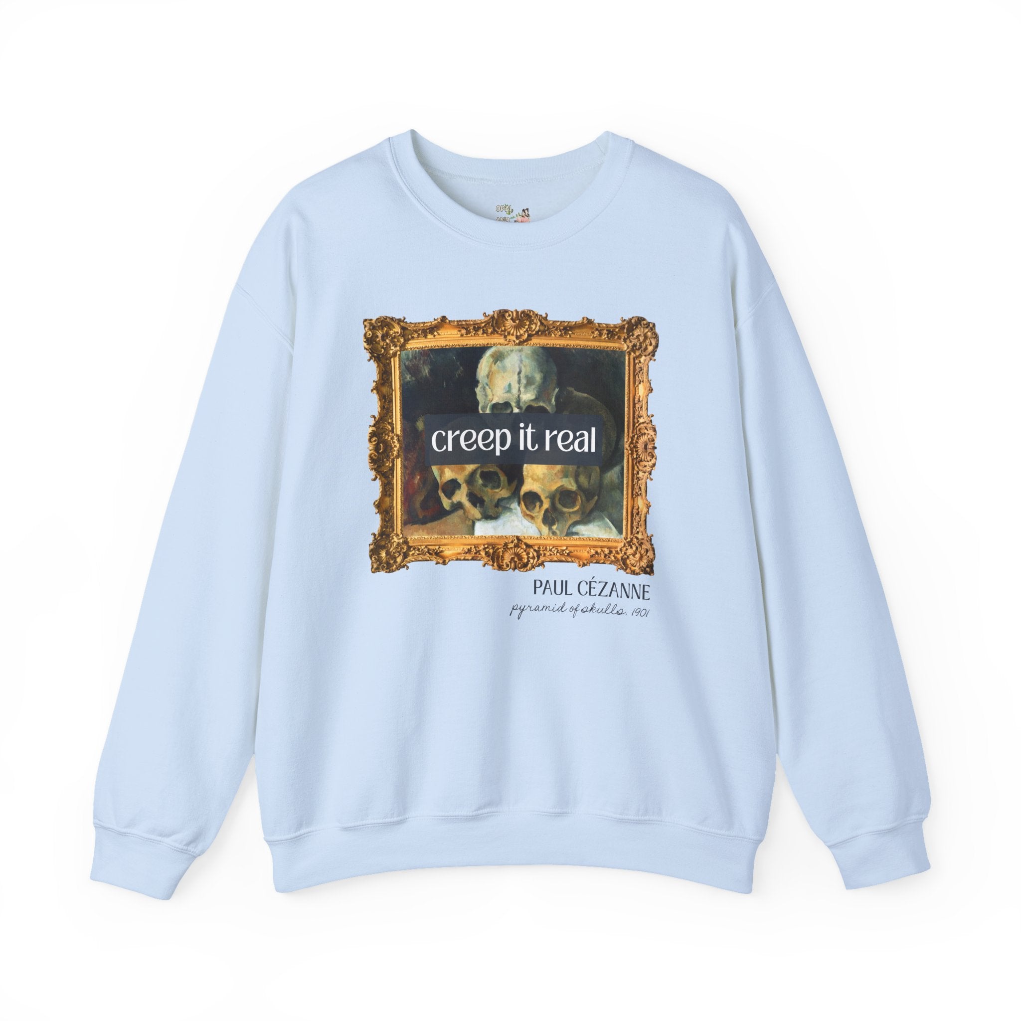 Halloween Art History Sweatshirt: Creep it Real, Pyramid of Skulls by Paul Cezanne, Famous Paintings, 19th Century Post Impressionist Artist - Opal and June