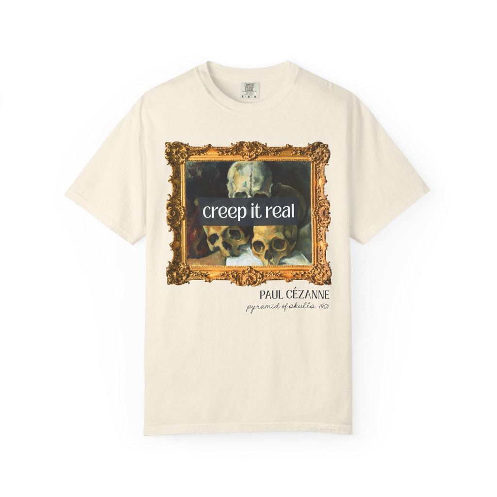 Halloween Art History Tee Shirt: Creep it Real, Pyramid of Skulls by Paul Cezanne, Famous Paintings, 19th Century Post Impressionist Artist - Opal and June