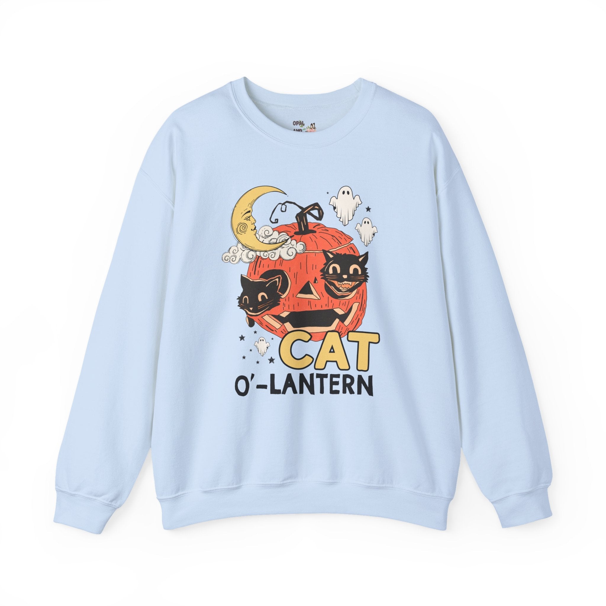 Halloween Cat Lover Sweatshirt with Pumpkin and Ghosts: Nostalgic Halloween Crewneck for Cat Mom or Cat Dad, Silly Cat Lover Halloween Shirt - Opal and June