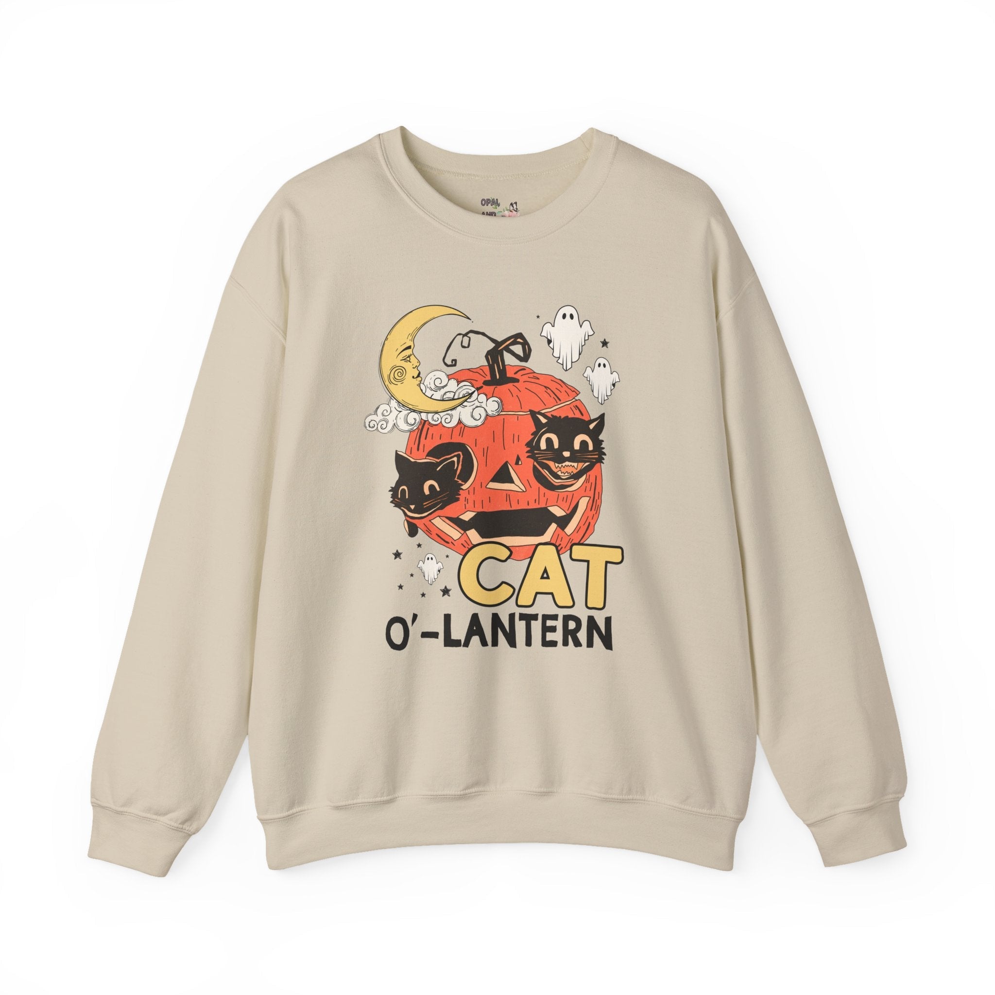 Halloween Cat Lover Sweatshirt with Pumpkin and Ghosts: Nostalgic Halloween Crewneck for Cat Mom or Cat Dad, Silly Cat Lover Halloween Shirt - Opal and June