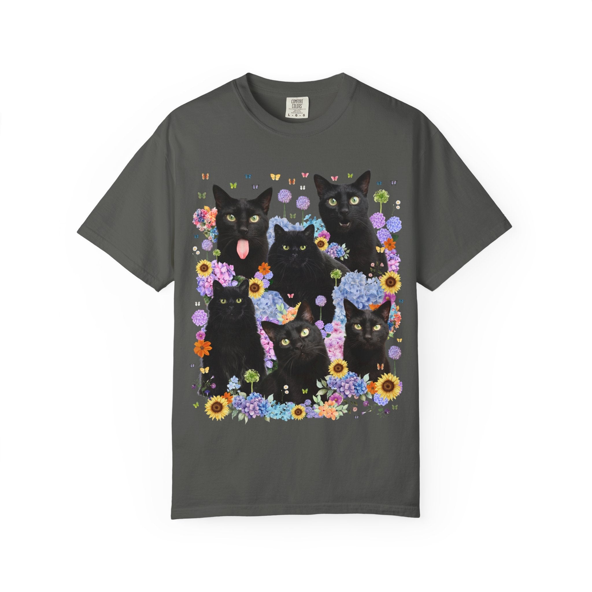 Halloween Cat Lover Tee Shirt with Flowers: Colorful 90s Aesthetic Cat Mom Cat Dad T-Shirt with Butterflies, Spooky Season Animal Lover Tee - Opal and June