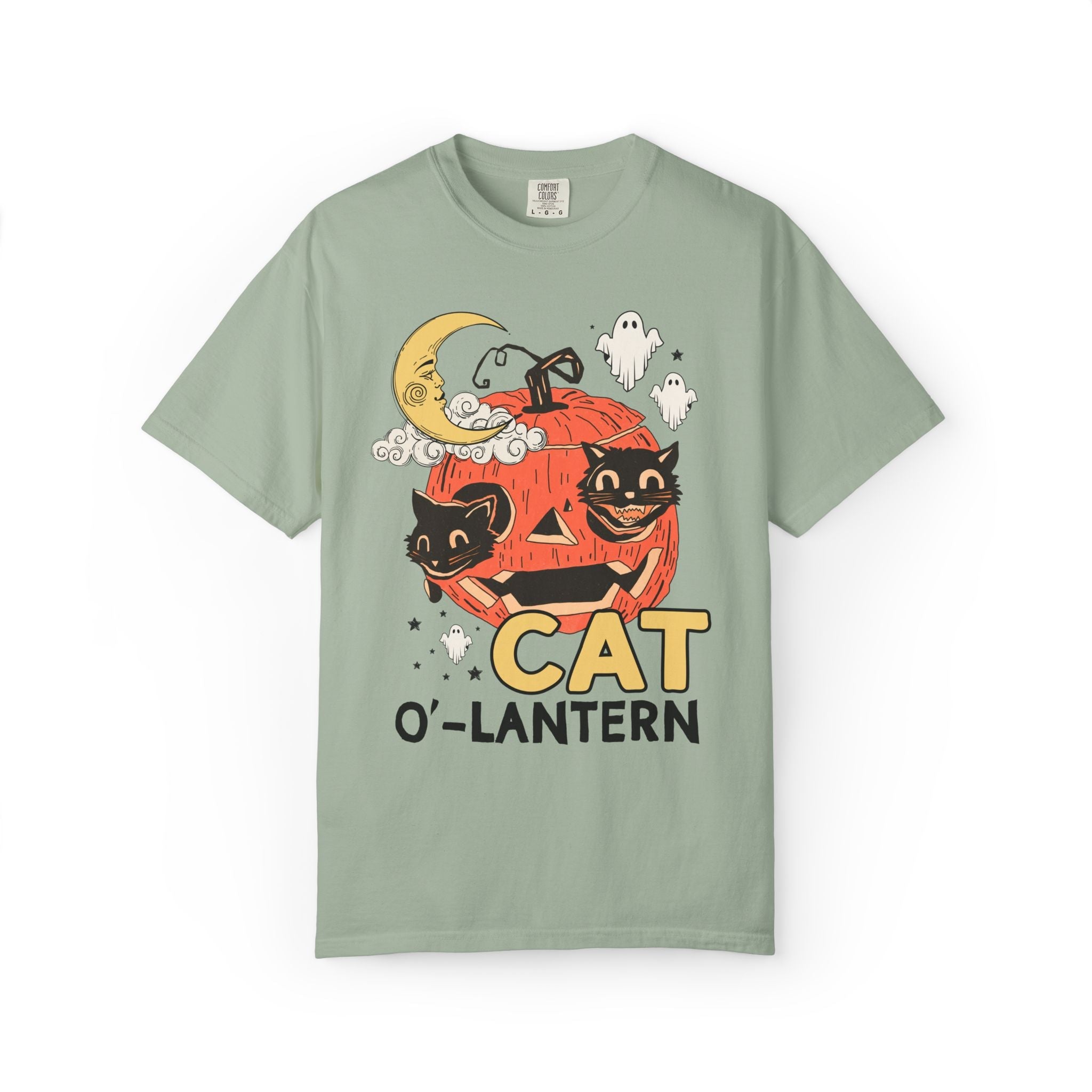 Halloween Cat Lover Tee Shirt with Pumpkin and Ghosts: Nostalgic Halloween T-Shirt for Cat Mom or Cat Dad, Silly Cat Lover Halloween Tee - Opal and June