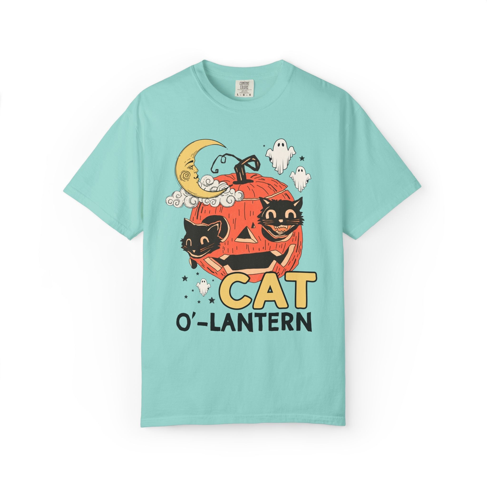 Halloween Cat Lover Tee Shirt with Pumpkin and Ghosts: Nostalgic Halloween T-Shirt for Cat Mom or Cat Dad, Silly Cat Lover Halloween Tee - Opal and June