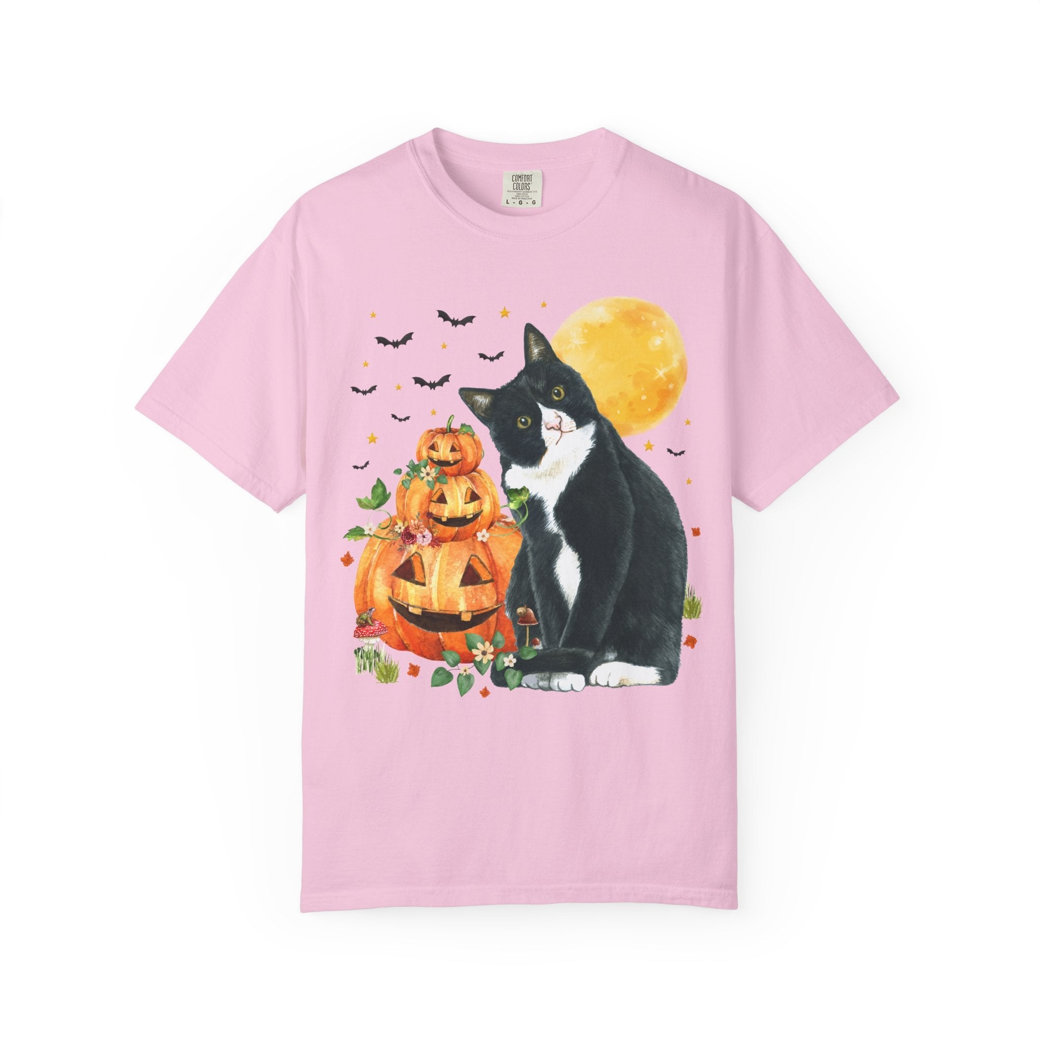 Halloween Cat Lover Tee Shirt with Pumpkins and Bats: 90s Aesthetic Goblincore Cat Mom or Cat Dad Tee for Spooky Season, Animal Lover Tee - Opal and June