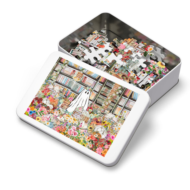 Halloween Ghost Puzzle in Library: Adorable Floral Ghost Surrounded by Books and Flowers - Opal and June