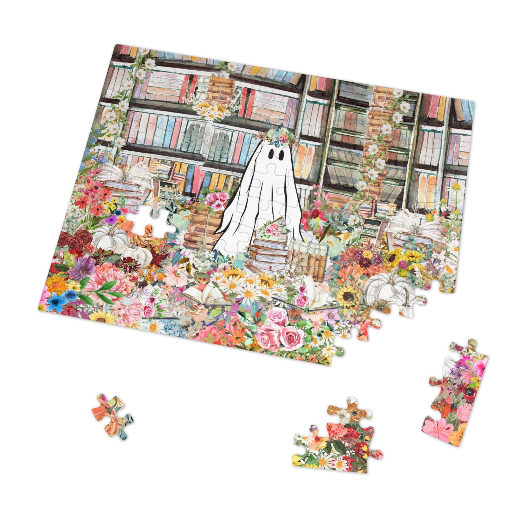 Halloween Ghost Puzzle in Library: Adorable Floral Ghost Surrounded by Books and Flowers - Opal and June