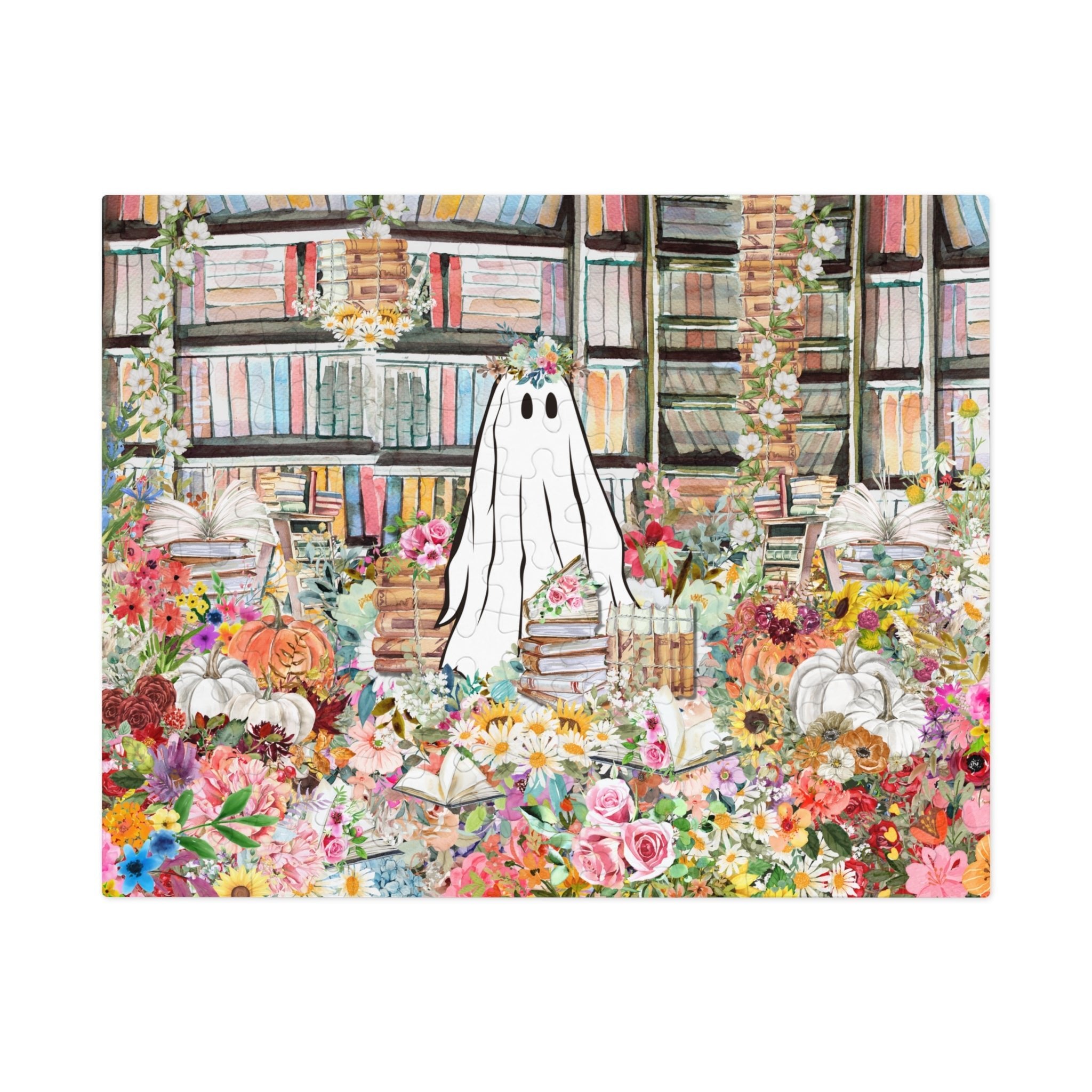 Halloween Ghost Puzzle in Library: Adorable Floral Ghost Surrounded by Books and Flowers - Opal and June