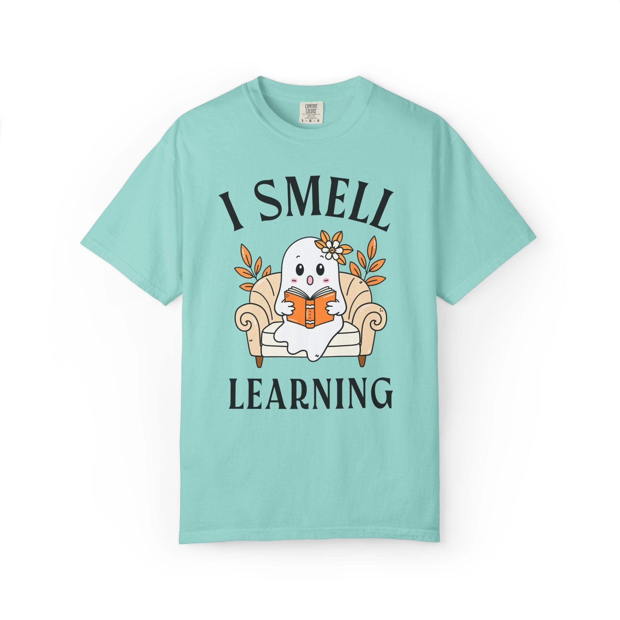 Halloween I Smell Learning Teacher Team T-Shirt with Ghost Reading a Book, Cute Retro Aesthetic Spooky Season Tee for Elementary Teacher - Opal and June