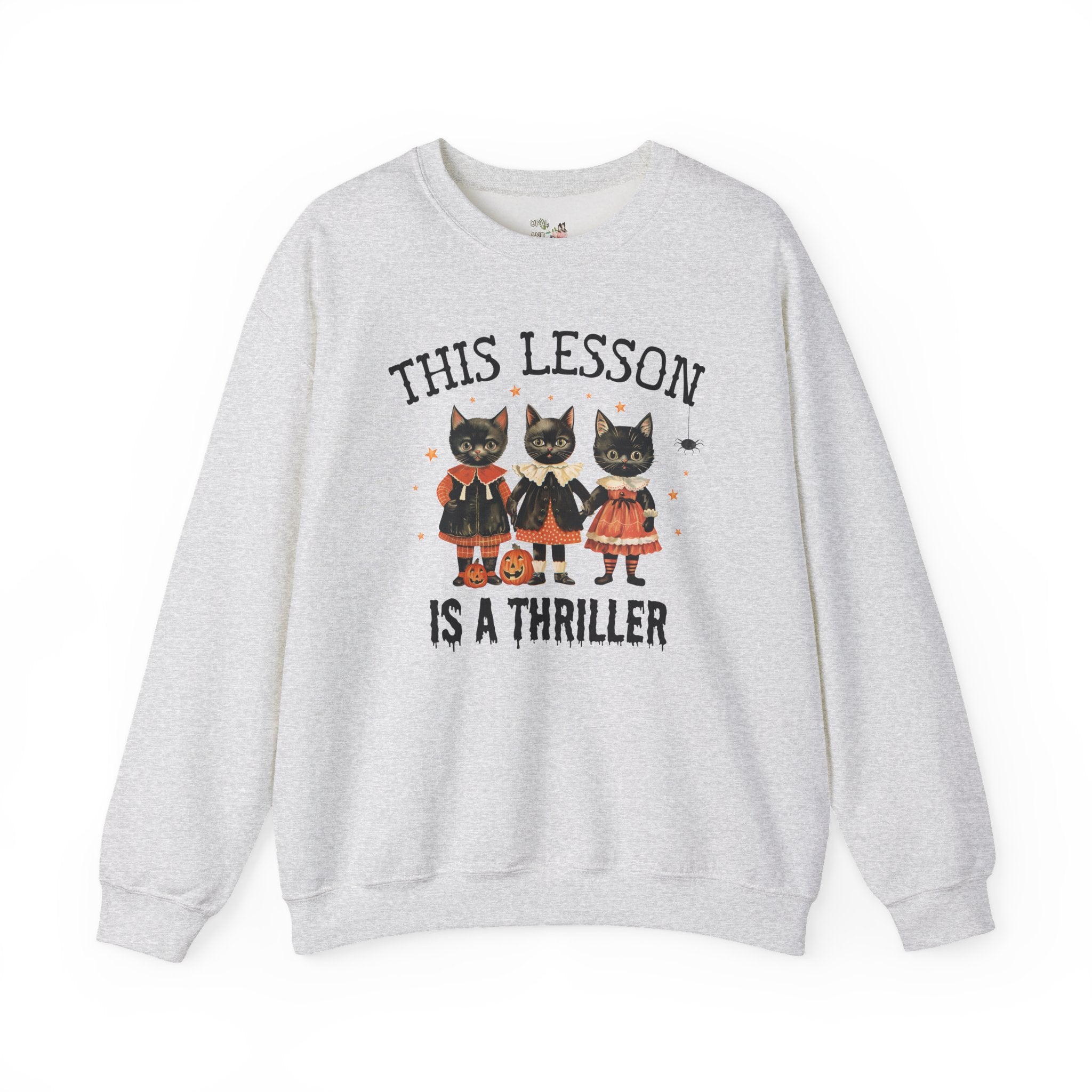Halloween Teacher Sweatshirt with Cats: This Lesson is a Thriller, Funny High School Teacher Crewneck for Halloween, Middle School Teacher - Opal and June