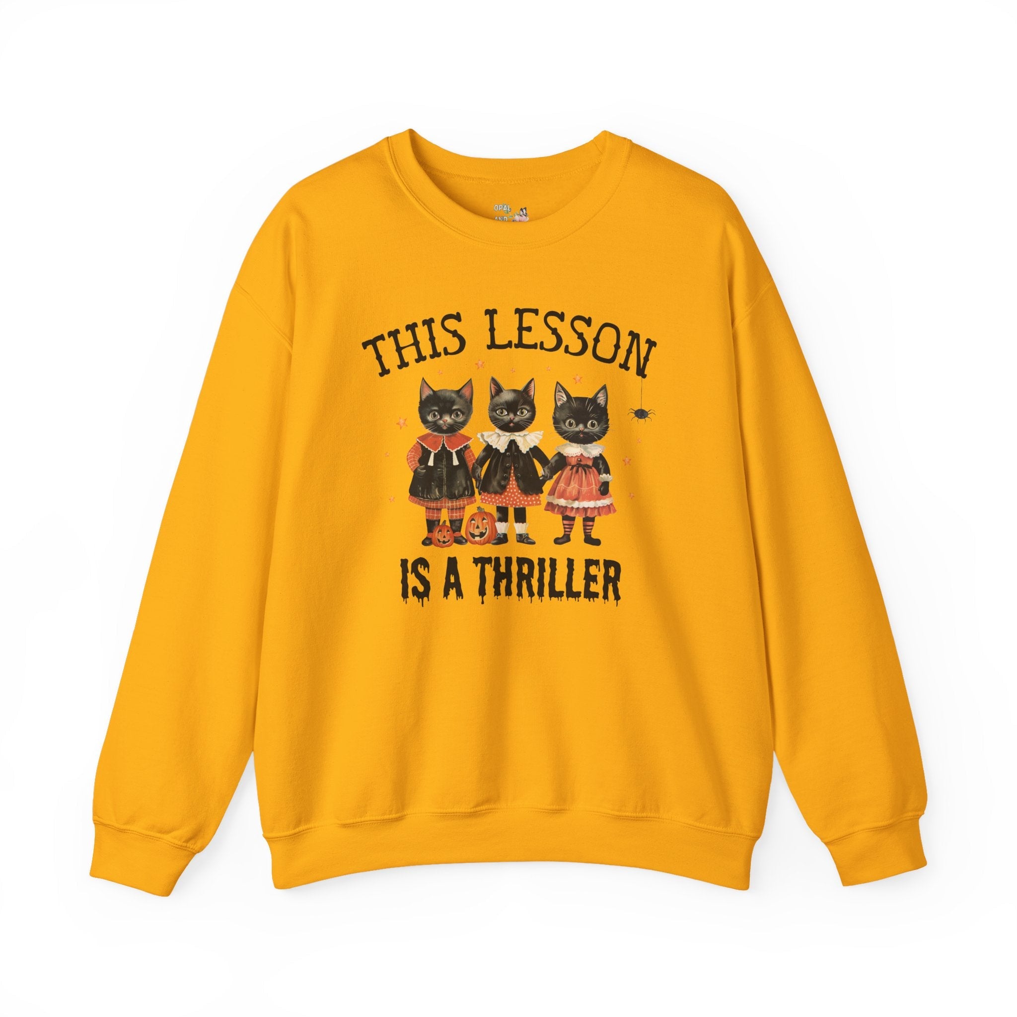 Halloween Teacher Sweatshirt with Cats: This Lesson is a Thriller, Funny High School Teacher Crewneck for Halloween, Middle School Teacher - Opal and June