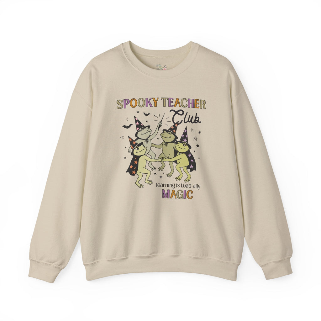 Halloween Teacher Sweatshirt with Cute Witchy Frogs: Learning is Magic! Funny Saying Spooky Season Crewneck with Stars, Magical Animal Lover - Opal and June