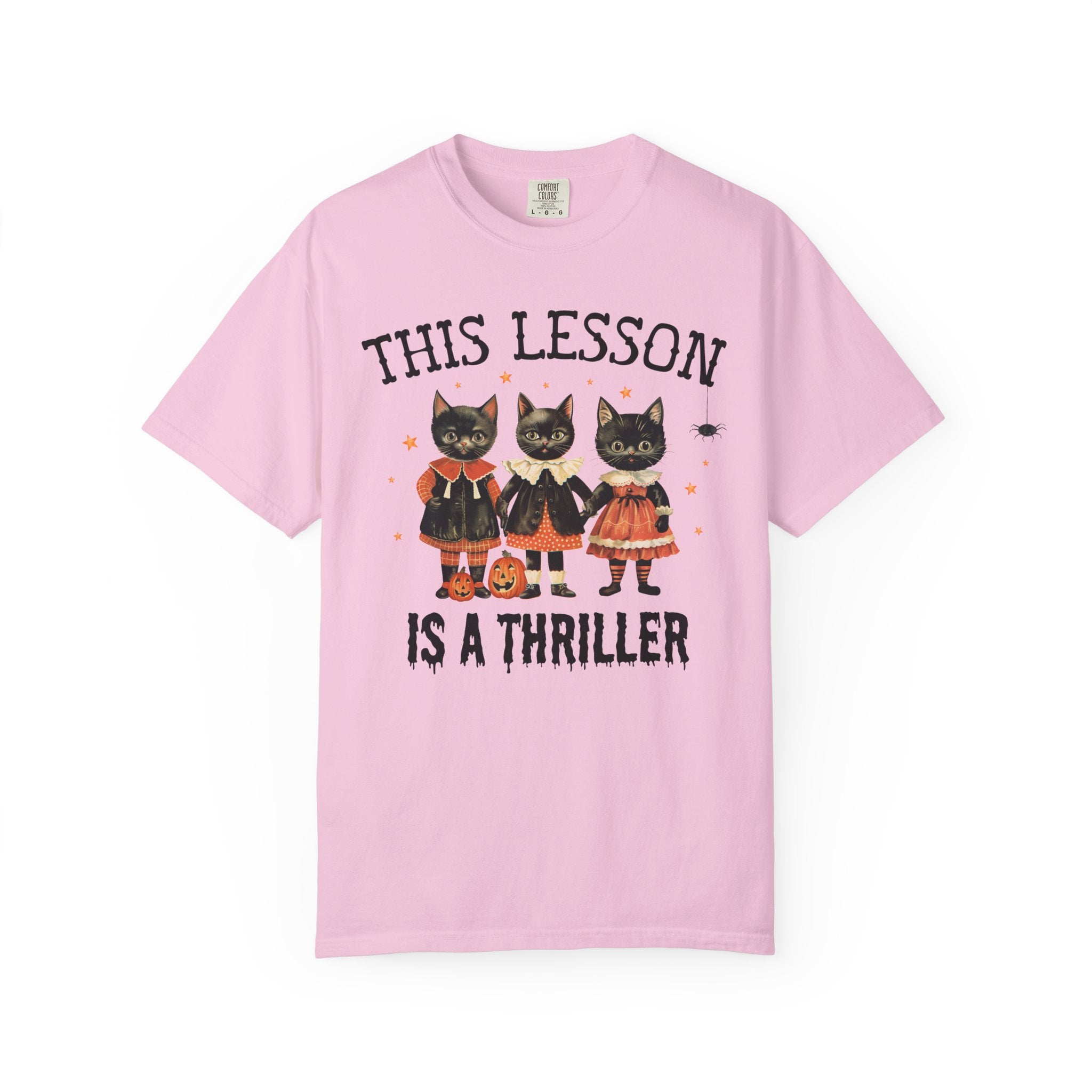 Halloween Teacher Tee Shirt with Cats: This Lesson is a Thriller, Funny High School Teacher T-Shirt for Halloween, Middle School Teacher - Opal and June