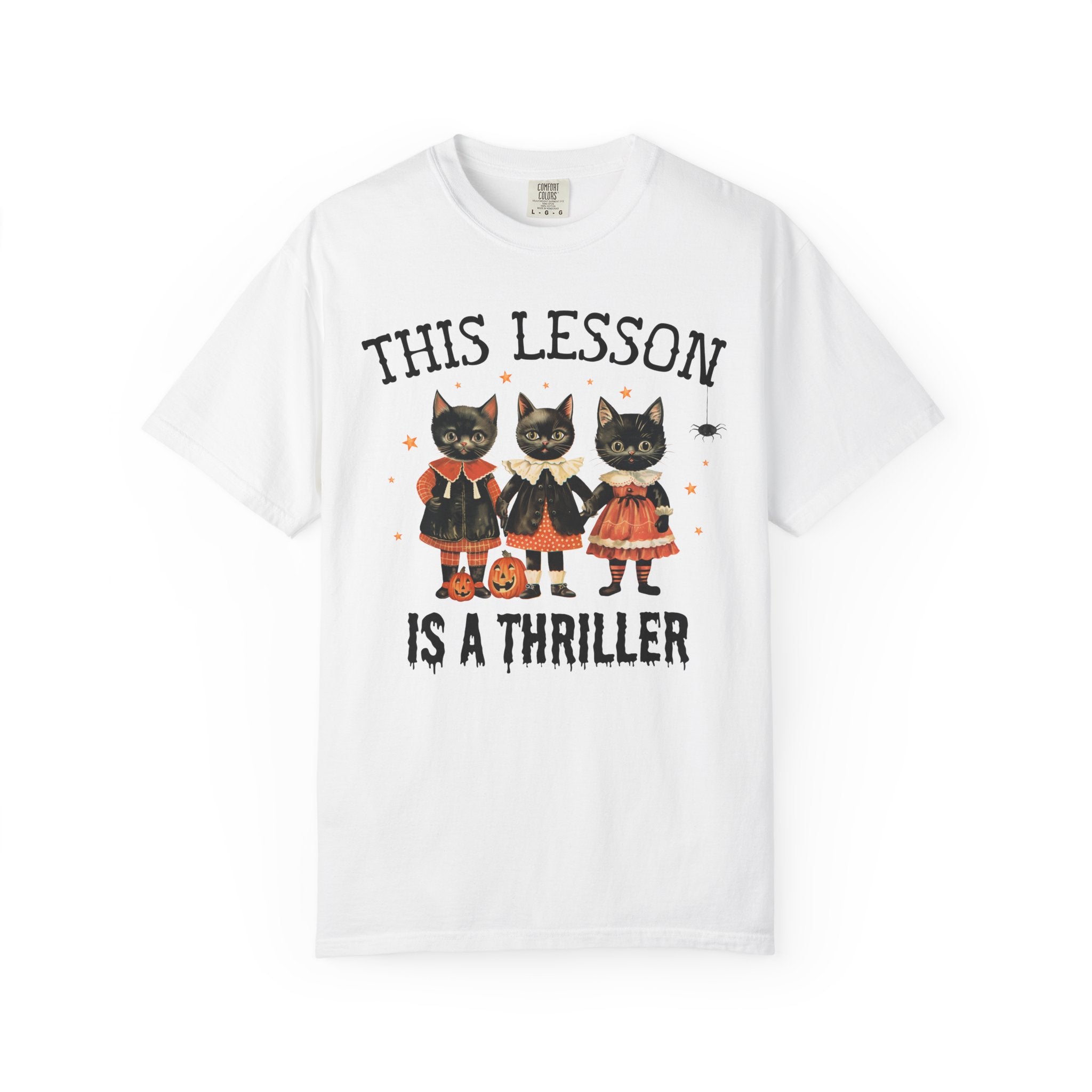 Halloween Teacher Tee Shirt with Cats: This Lesson is a Thriller, Funny High School Teacher T-Shirt for Halloween, Middle School Teacher - Opal and June
