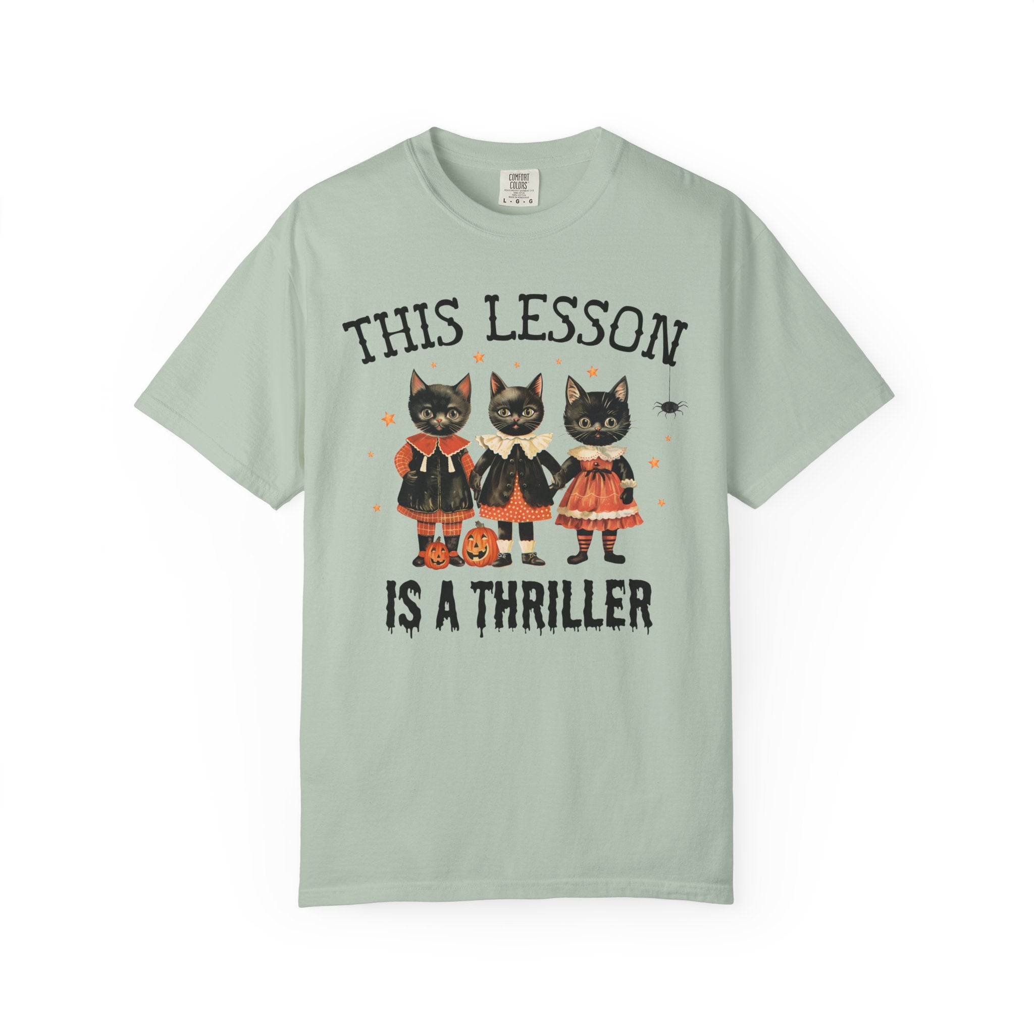 Halloween Teacher Tee Shirt with Cats: This Lesson is a Thriller, Funny High School Teacher T-Shirt for Halloween, Middle School Teacher - Opal and June