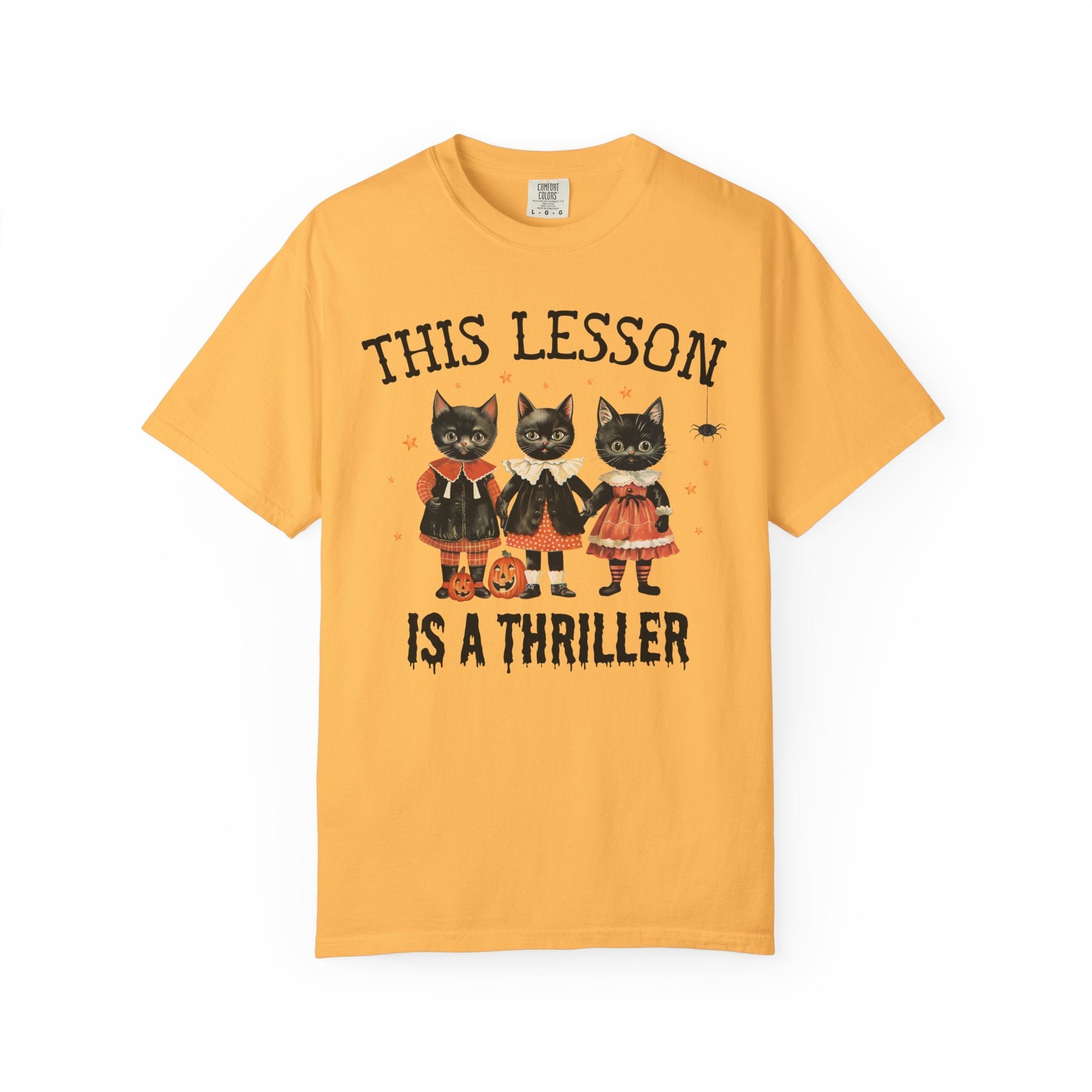 Halloween Teacher Tee Shirt with Cats: This Lesson is a Thriller, Funny High School Teacher T-Shirt for Halloween, Middle School Teacher - Opal and June