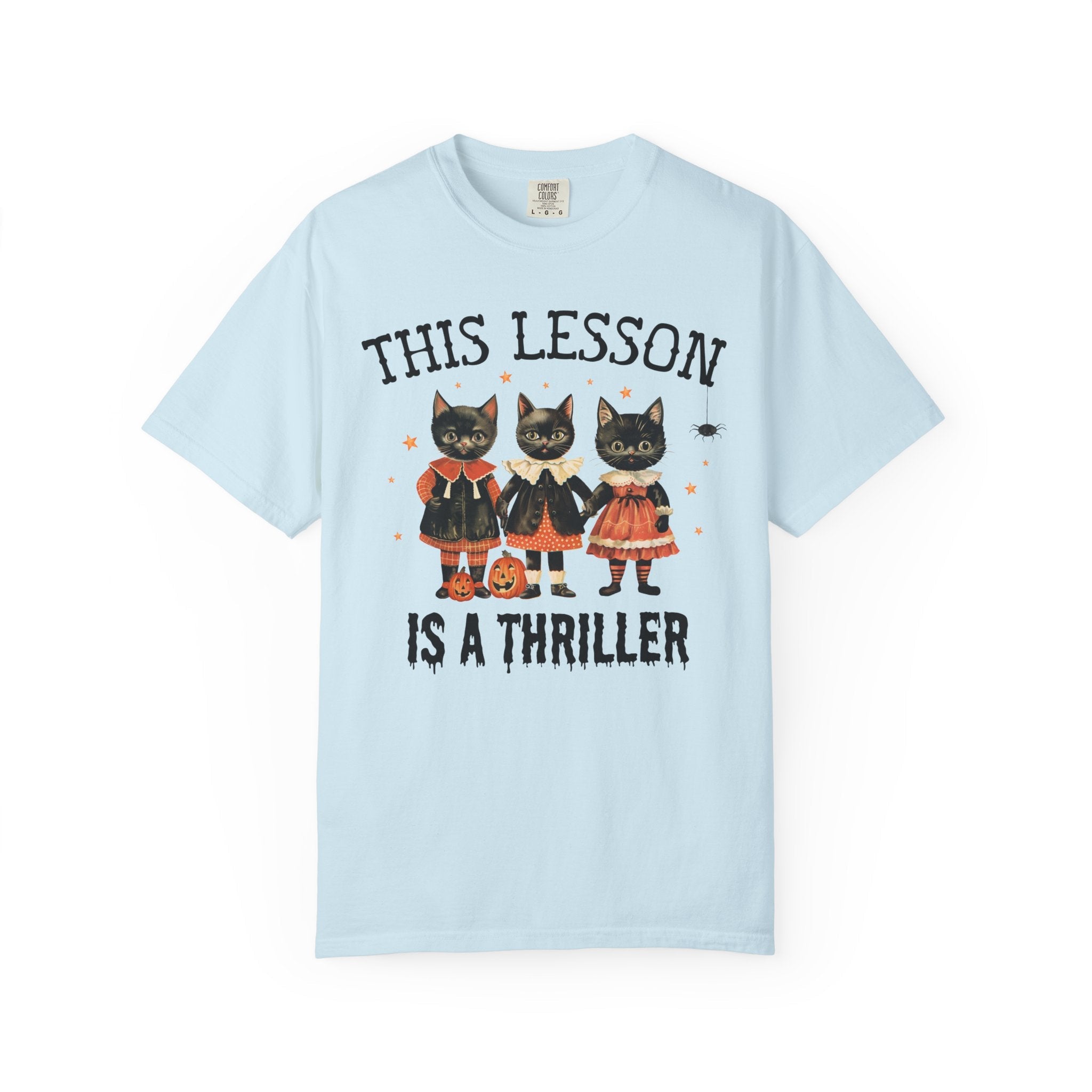 Halloween Teacher Tee Shirt with Cats: This Lesson is a Thriller, Funny High School Teacher T-Shirt for Halloween, Middle School Teacher - Opal and June