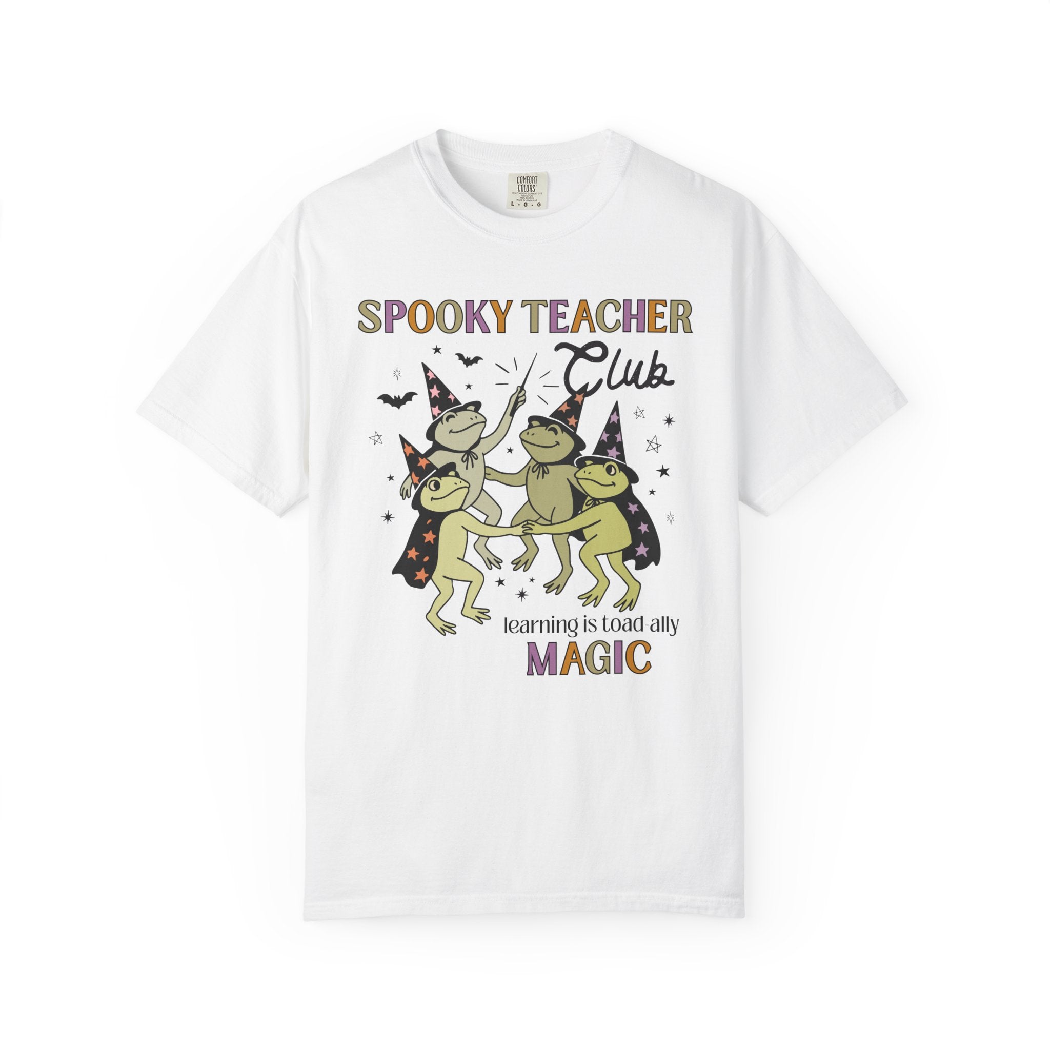 Halloween Teacher Tee Shirt with Cute Witchy Frogs: Learning is Magic! Funny Saying Spooky Season T-Shirt with Stars, Magical Animal Lover - Opal and June
