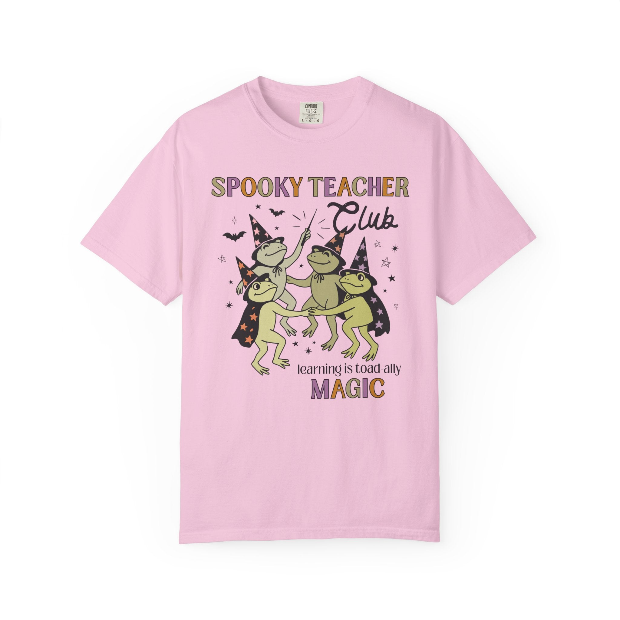 Halloween Teacher Tee Shirt with Cute Witchy Frogs: Learning is Magic! Funny Saying Spooky Season T-Shirt with Stars, Magical Animal Lover - Opal and June