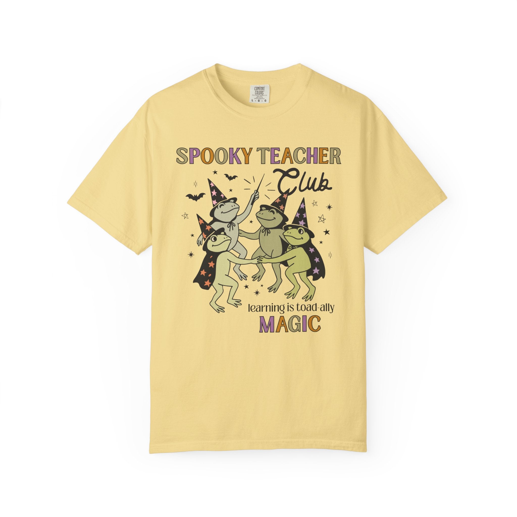 Halloween Teacher Tee Shirt with Cute Witchy Frogs: Learning is Magic! Funny Saying Spooky Season T-Shirt with Stars, Magical Animal Lover - Opal and June
