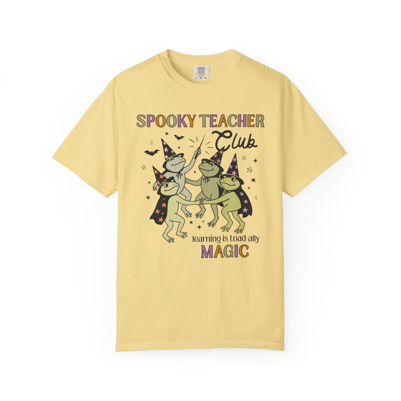 Halloween Teacher Tee Shirt with Cute Witchy Frogs: Learning is Magic! Funny Saying Spooky Season T-Shirt with Stars, Magical Animal Lover - Opal and June